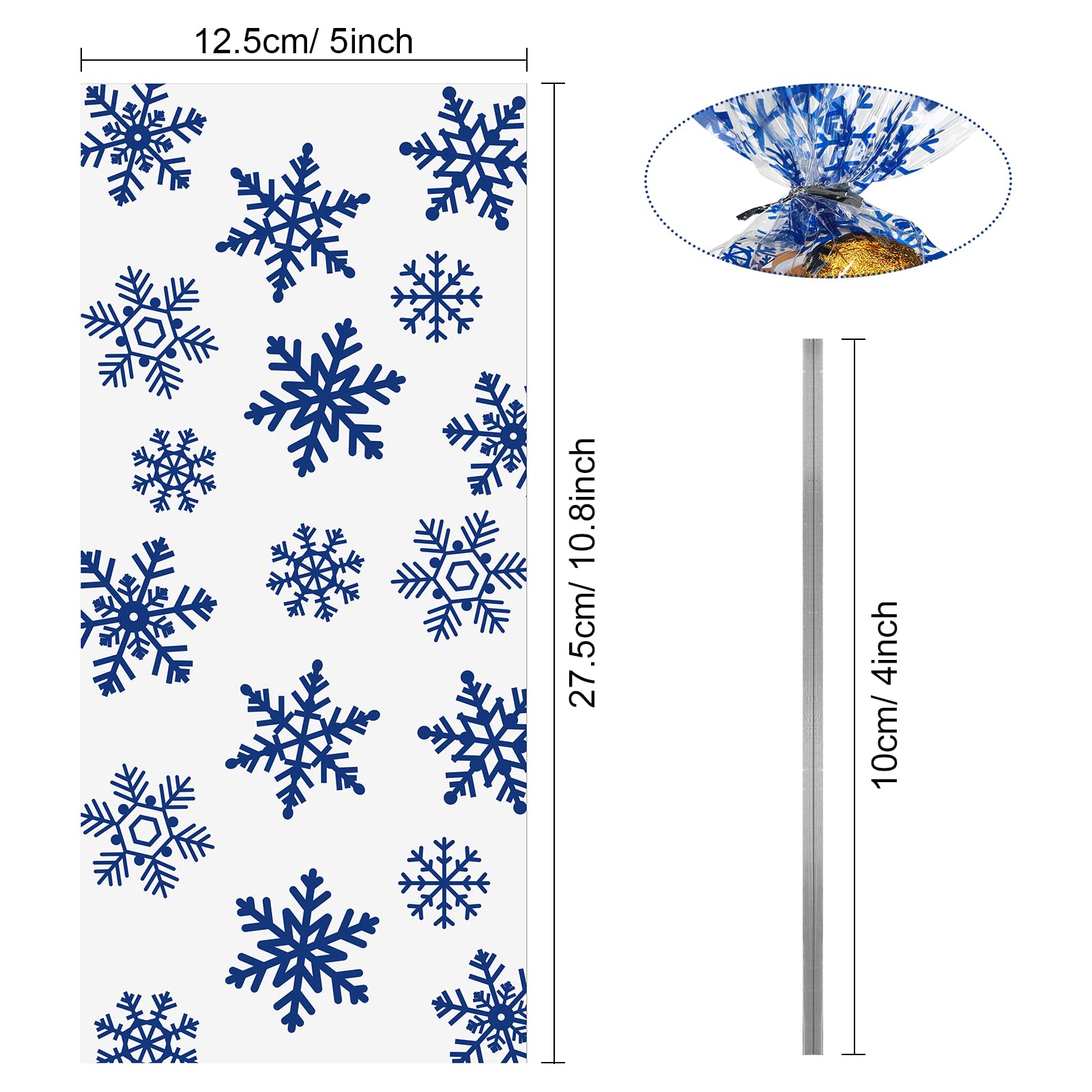 100-Piece Christmas Cellophane Treat Bags with Twist Ties - Snowflake Pattern Plastic Cello Bags for Candy, Cookies, Gifts & Holiday Party Favors - Perfect for Christmas Gift Wrapping, Cookie Exchanges & Festive Treat Packaging