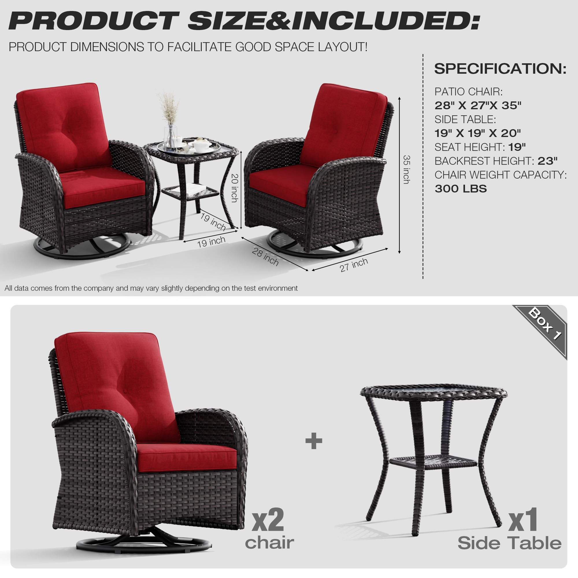Joyside 2-Piece Patio Swivel Rocking Chair Set with Side Table - Outdoor Wicker Swivel Rocker Chairs for Porch, Deck, Garden & Backyard - Brown/Red 3-Piece Patio Furniture Set for Relaxing & Entertaining
