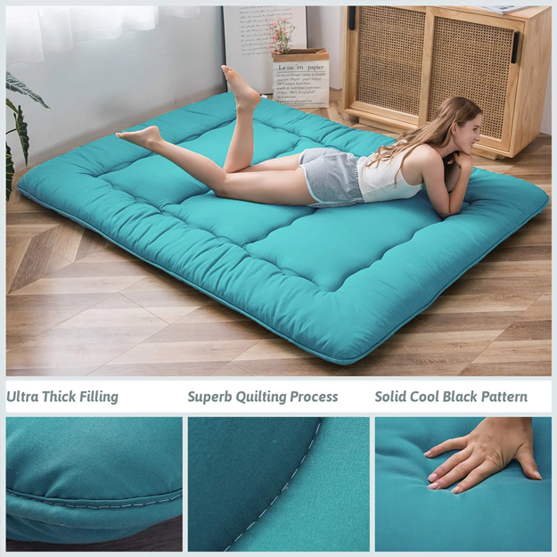 MAXYOYO Multi-Functional Floor Futon Mattress - Queen Size Turquoise | Foldable Guest Bed, Sofa Sleeper & Floor Cushion for Small Spaces, Dorms & Camping