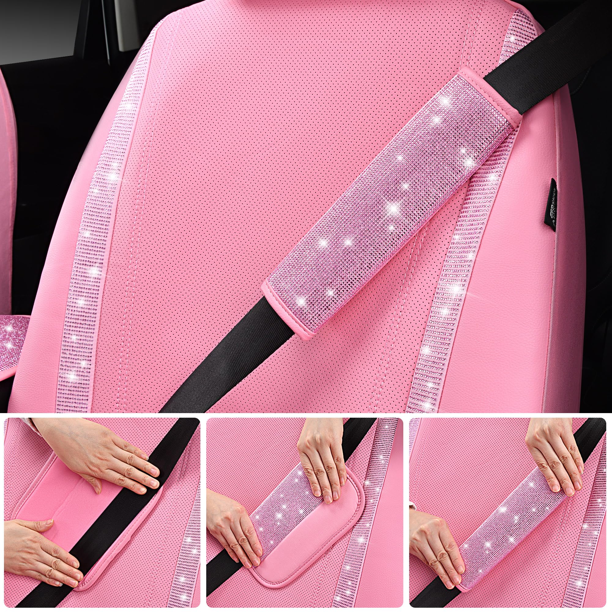24PCS Pink Bling Diamond Car Accessories Set - Steering Wheel Covers & Seat Covers for Women, Perfect for Car Decor & Gifts