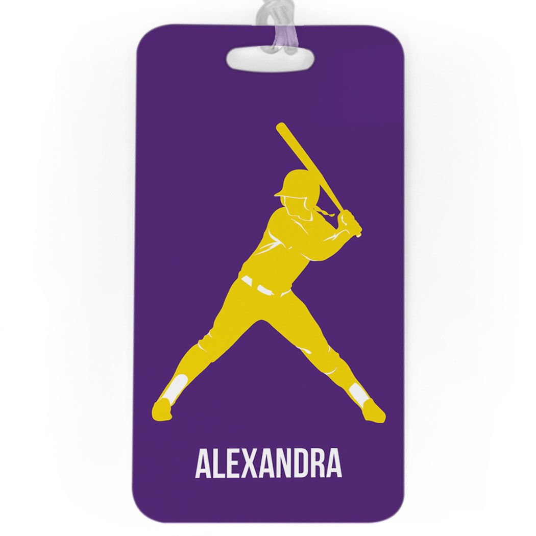Personalized Softball Batter Luggage Tag - Large Purple & Yellow with Standard Lines - Perfect for Softball Players & Travel Accessories