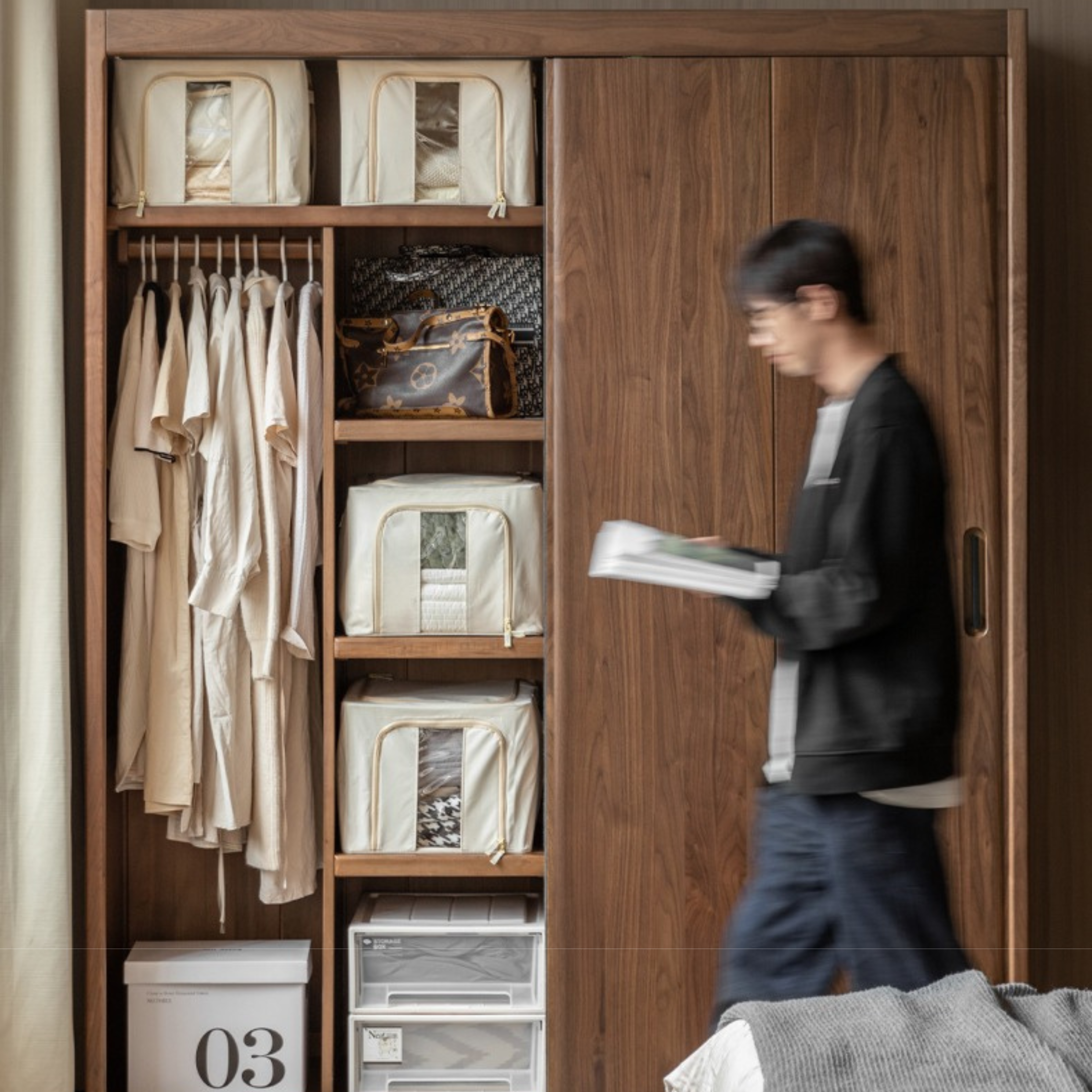Premium Black Walnut Solid Wood Sliding Door Closet - Elegant & Durable Wardrobe Solution for Bedroom, Walk-in Closet, and Modern Home Decor