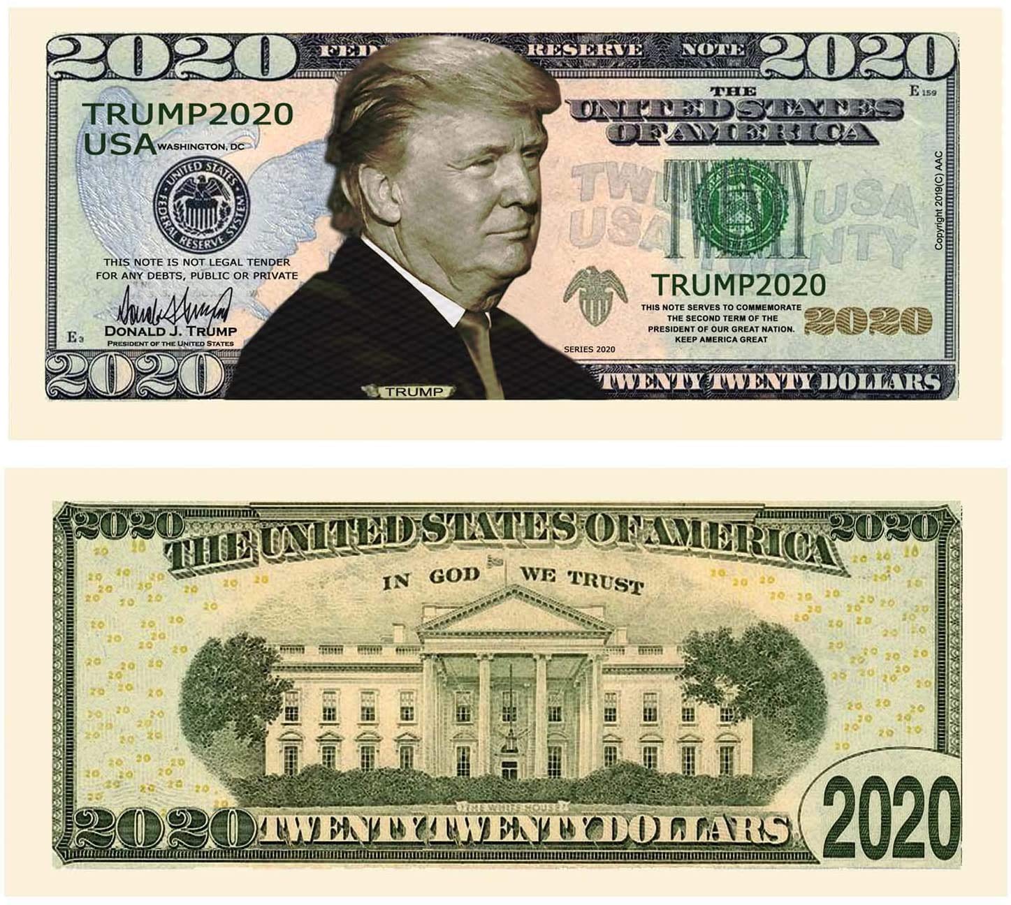 Donald Trump 2020 Re-Election Commemorative Presidential Dollar Bill - Limited Edition Collectible Pack of 5 - Full Color Front & Back Printing with Intricate Detail - Perfect for Political Memorabilia Collections, Gift Giving, and Historical Display
