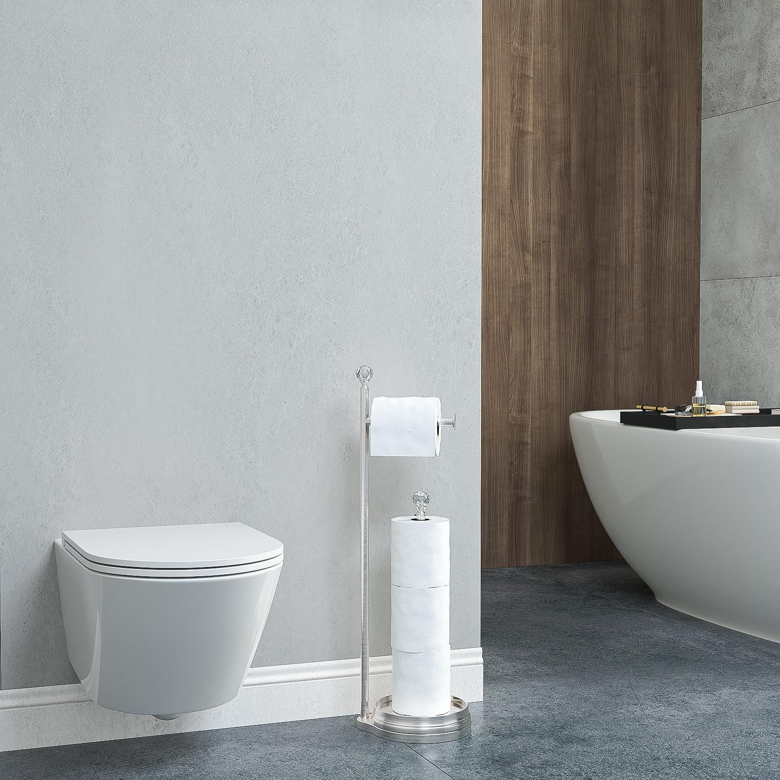 Heavy Weighted Metal Free Standing Toilet Paper Holder with Crystal Ball - Bathroom Tissue Roll Stand for Home, Office, or Guest Room - Durable & Stylish Bathroom Accessories for Modern Decor