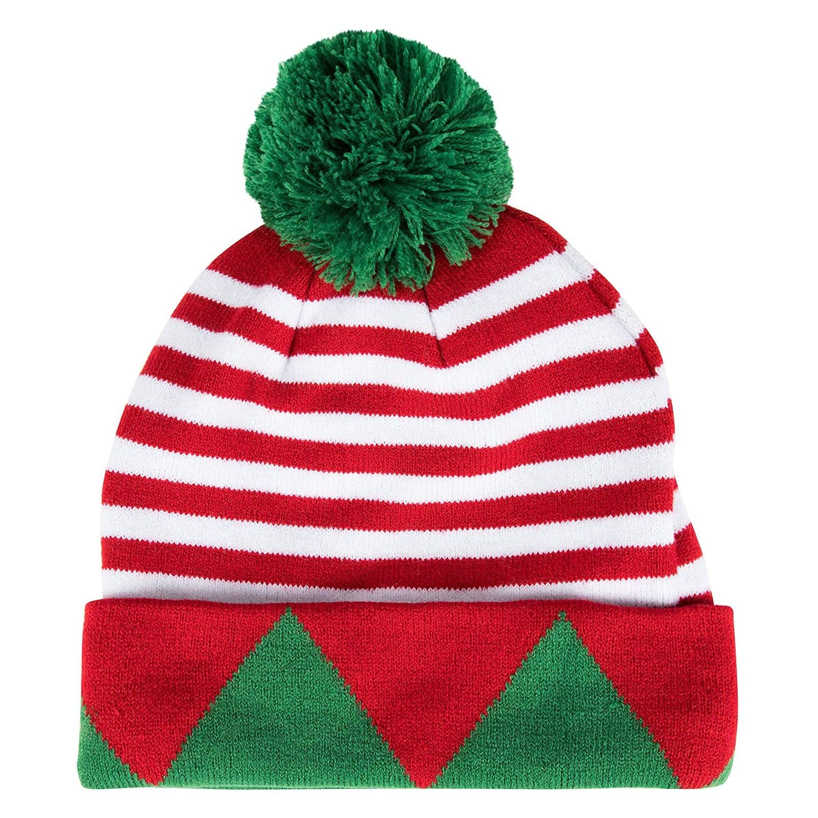 Juvale 2-Pack Christmas Elf Hats for Adults - Striped Knit Beanie with Green Pom Poms (95% Acrylic 5% Spandex) - Festive Holiday Party Accessories for Xmas Photos & Ugly Sweater Contests