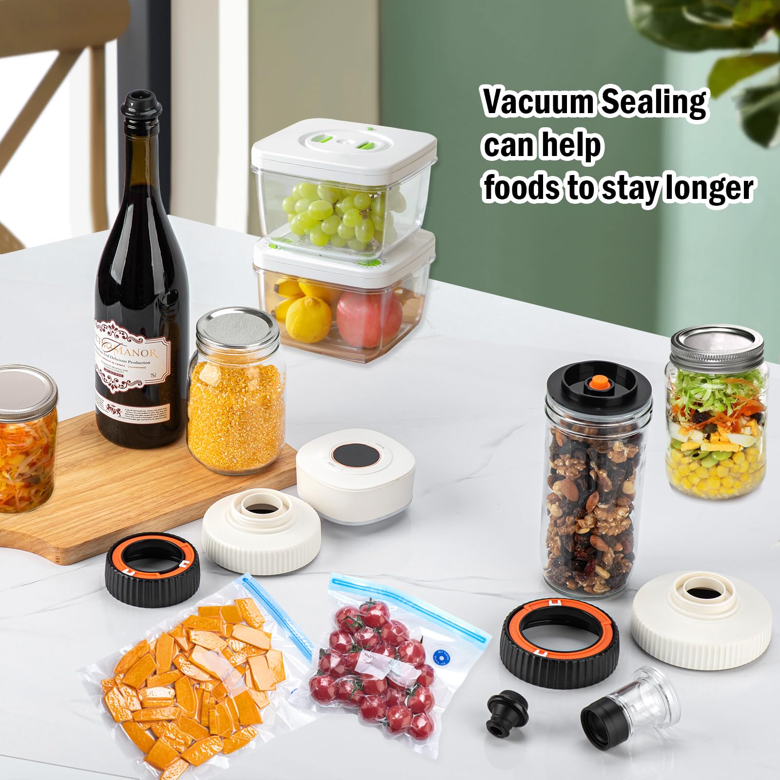 Electric Mason Jar Vacuum Sealer Kit - Wide & Regular Mouth Jar Sealer with 2 Reusable Lids | Automatic Food Preservation System for Freshness | Ideal for Meal Prep, Canning, Sous Vide & Long-Term Food Storage