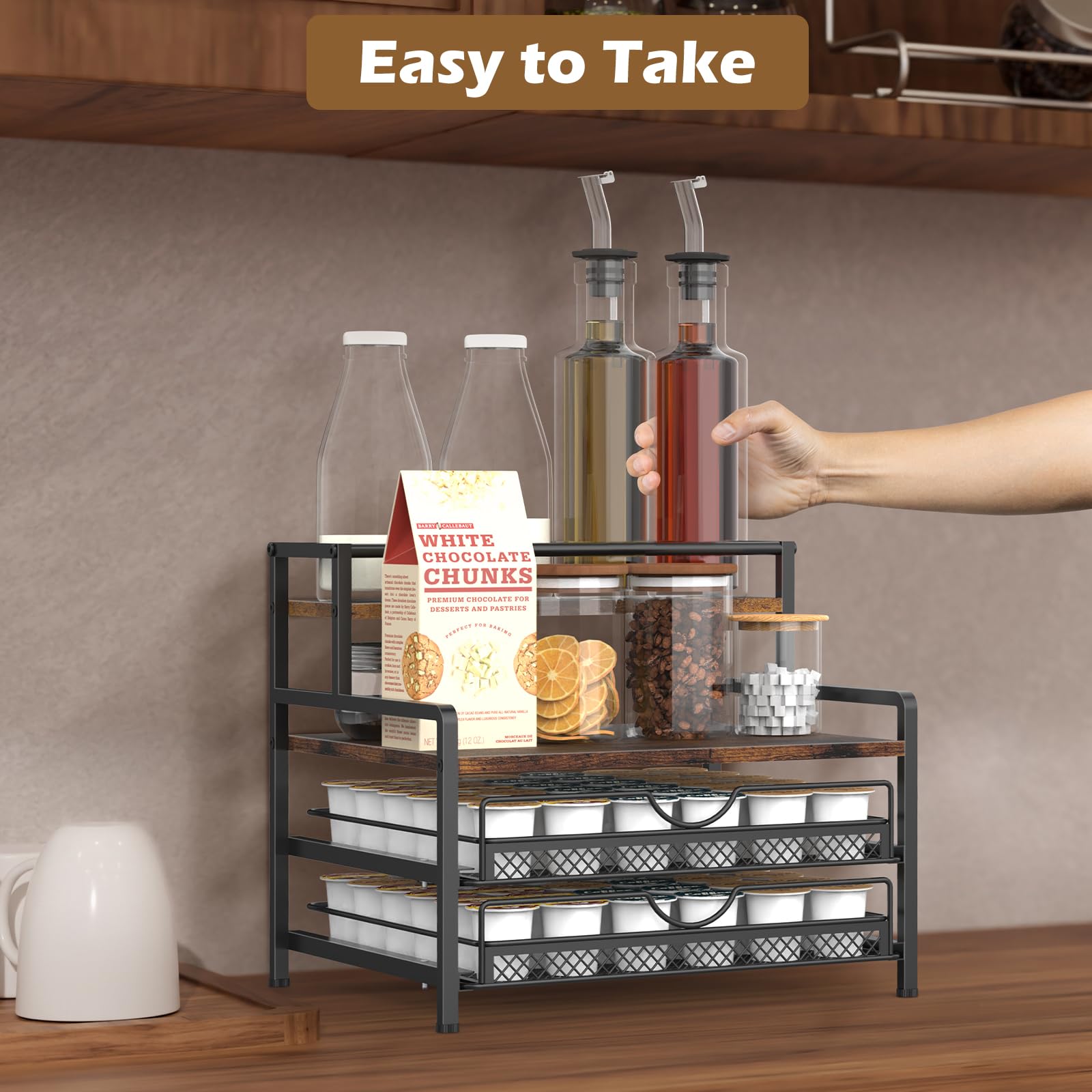 3-Tier Coffee Bar Organizer - Rustic Brown K-Cup Storage Rack for Coffee Pods, Syrups & Supplies | Countertop Organizer for Keurig, Nespresso & Coffee Makers | Perfect for Home Kitchen, Office Breakroom & Cafe Stations