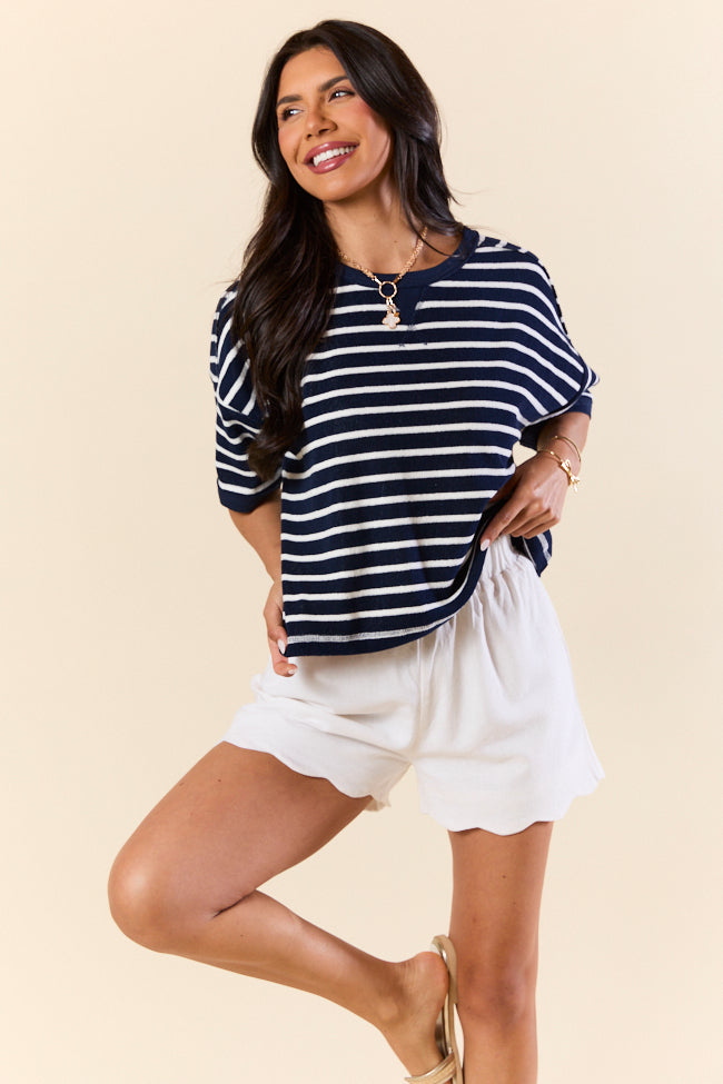Color Wave Navy and White Striped Knit Boxy Tee - Women's Casual Oversized T-Shirt for Summer Beach Outings and Streetwear Fashion