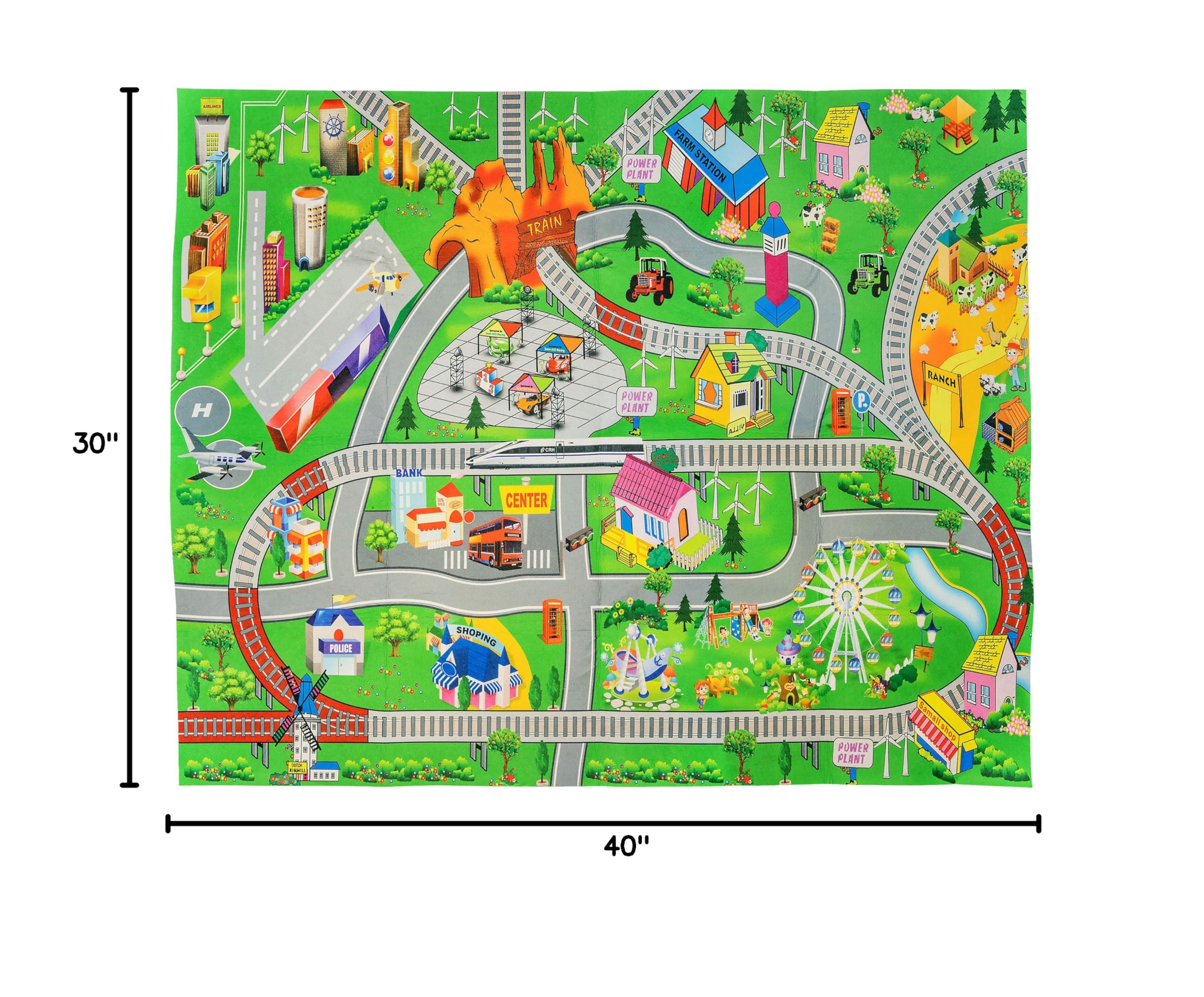 Double Sided Kids Play Mat with Trains, Cars & Roads - Reversible Children's Activity Rug for Indoor Playroom & Nursery - Perfect for City Themed Pretend Play and Learning Activities