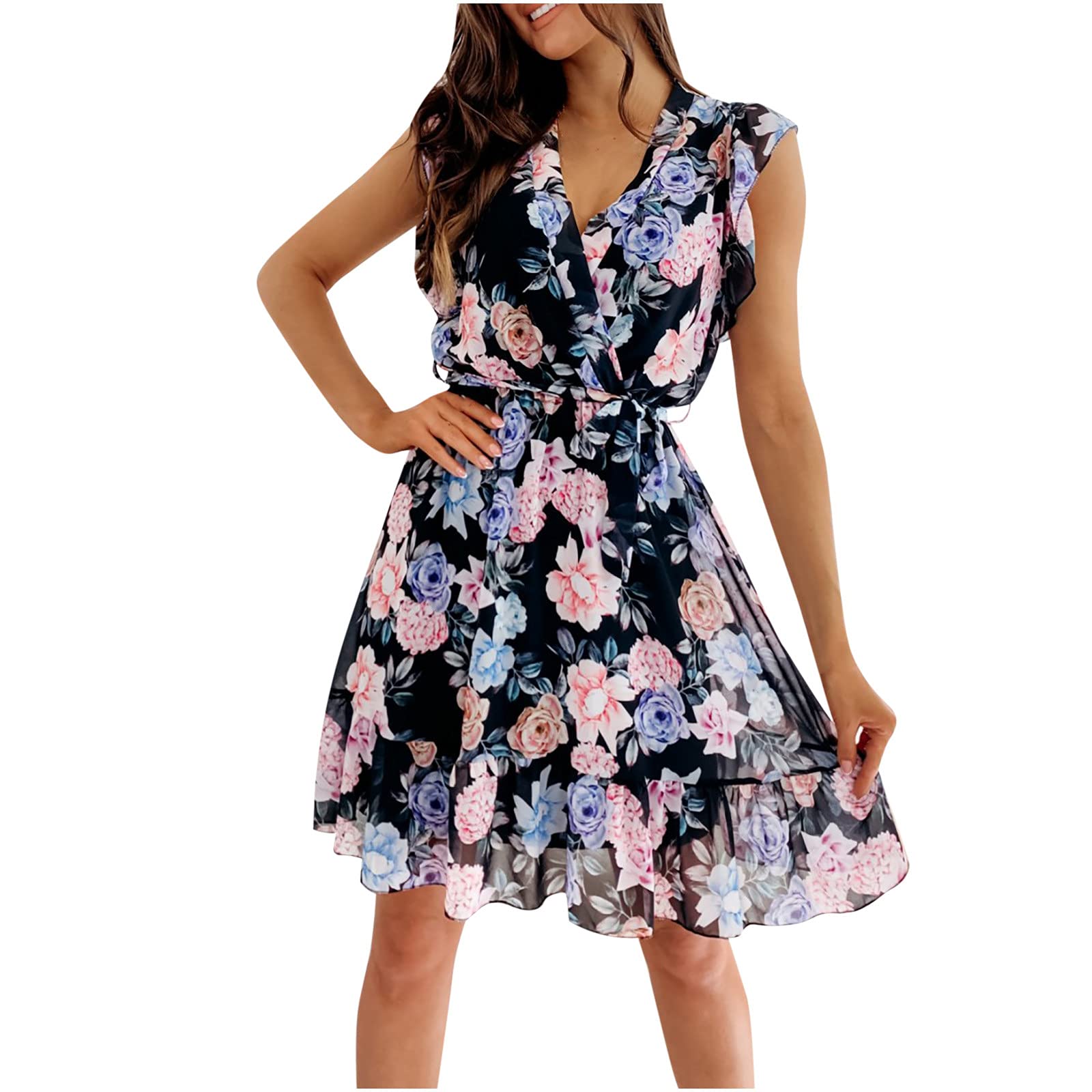 Women's Floral Print V-Neck Butterfly Short Sleeve Mini Dress - Casual Party Holiday Summer Dress for Beach, Vacation & Date Night Outfits