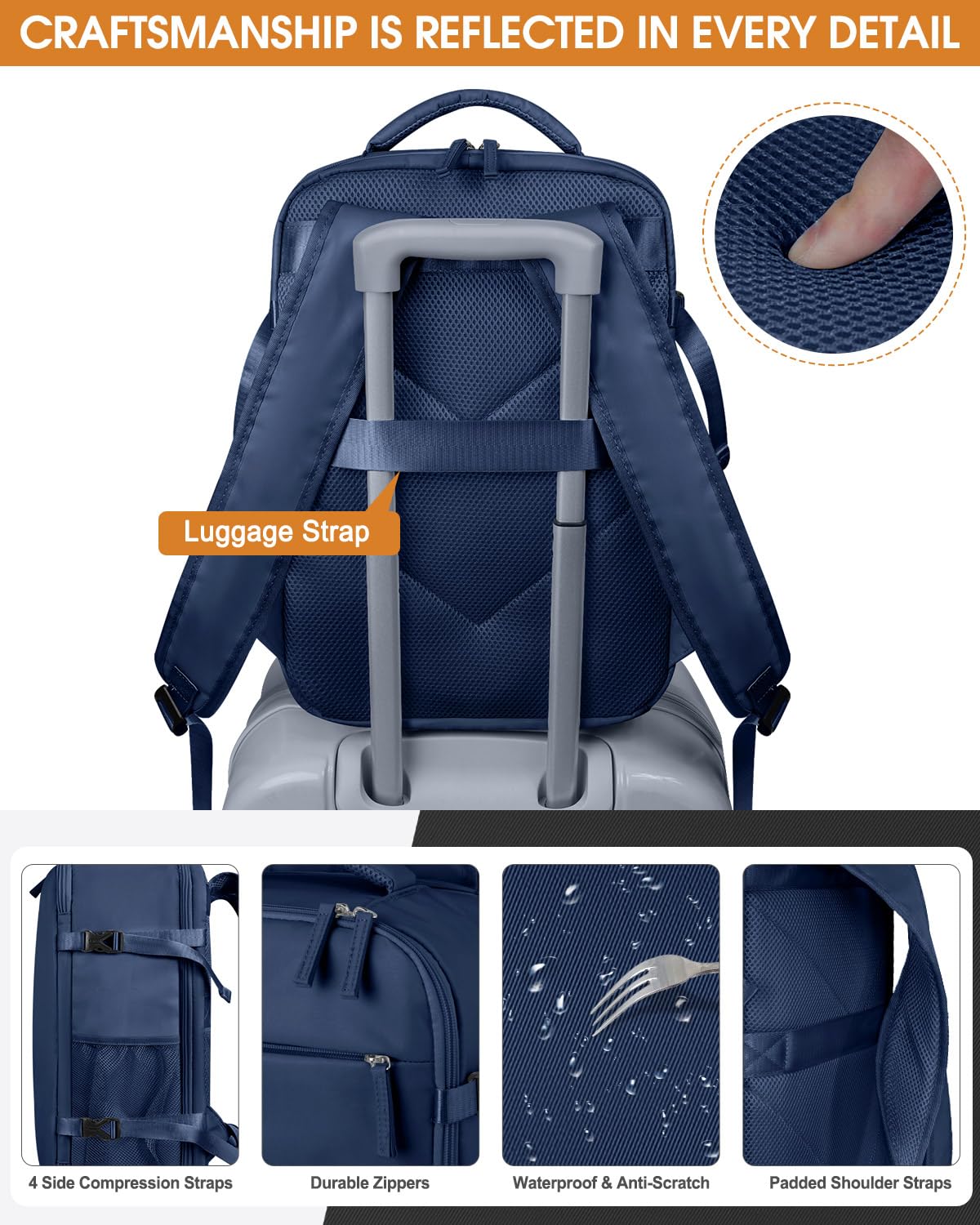Waterproof Travel Laptop Backpack for Women & Men - Airline Approved Carry On Backpack with 17 Inch Laptop Compartment - Business, Work & Travel Computer Bag (Dark Blue) - Perfect for Commuting, Business Trips & Weekend Getaways