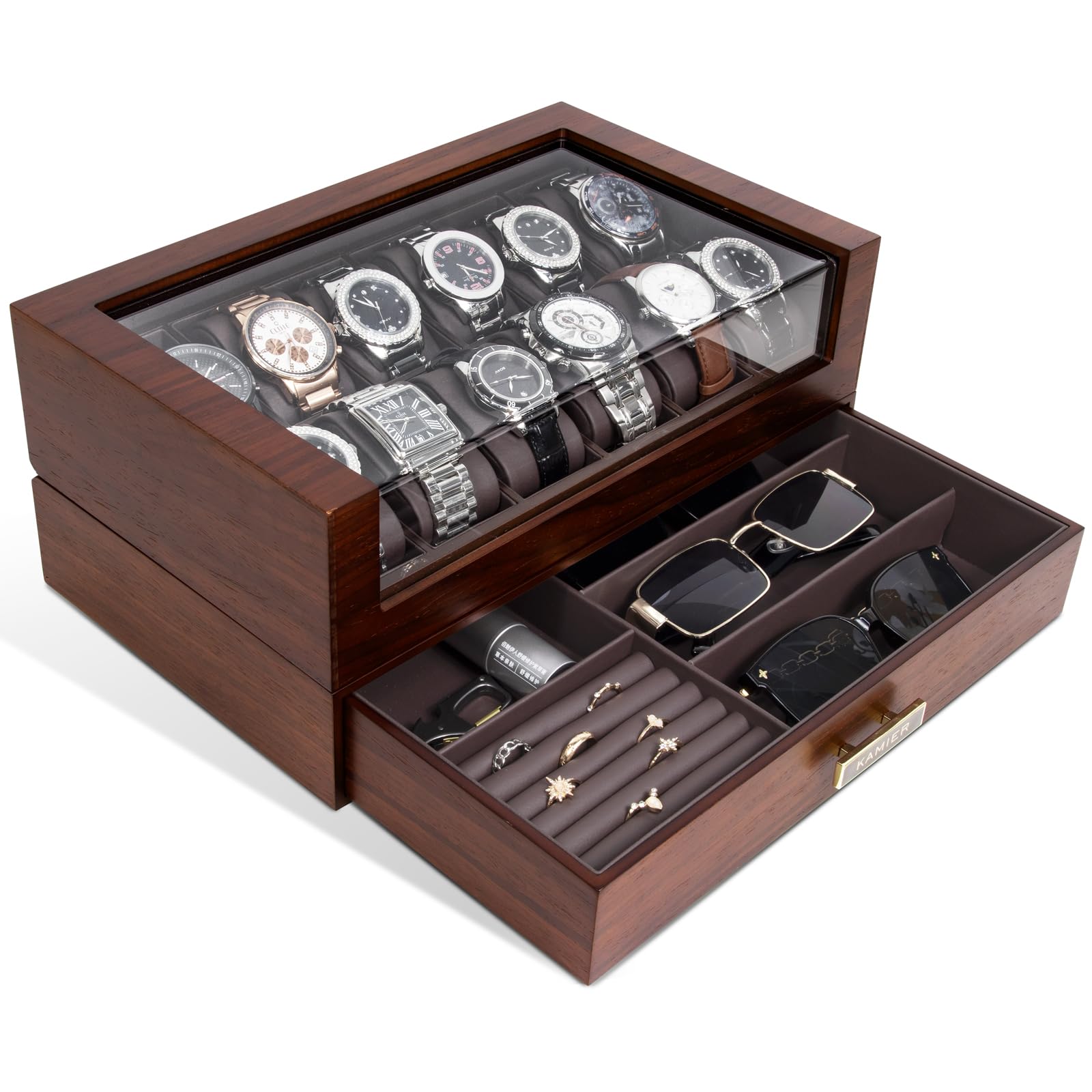 Luxury 12-Slot Wooden Watch Box with Glass Lid & Drawer - 2-Layer Watch Display Case for Men & Women - Premium Jewelry and Watch Storage Organizer - Perfect Gift for Watch Collectors (Ideal for Home, Office, or Travel Use)