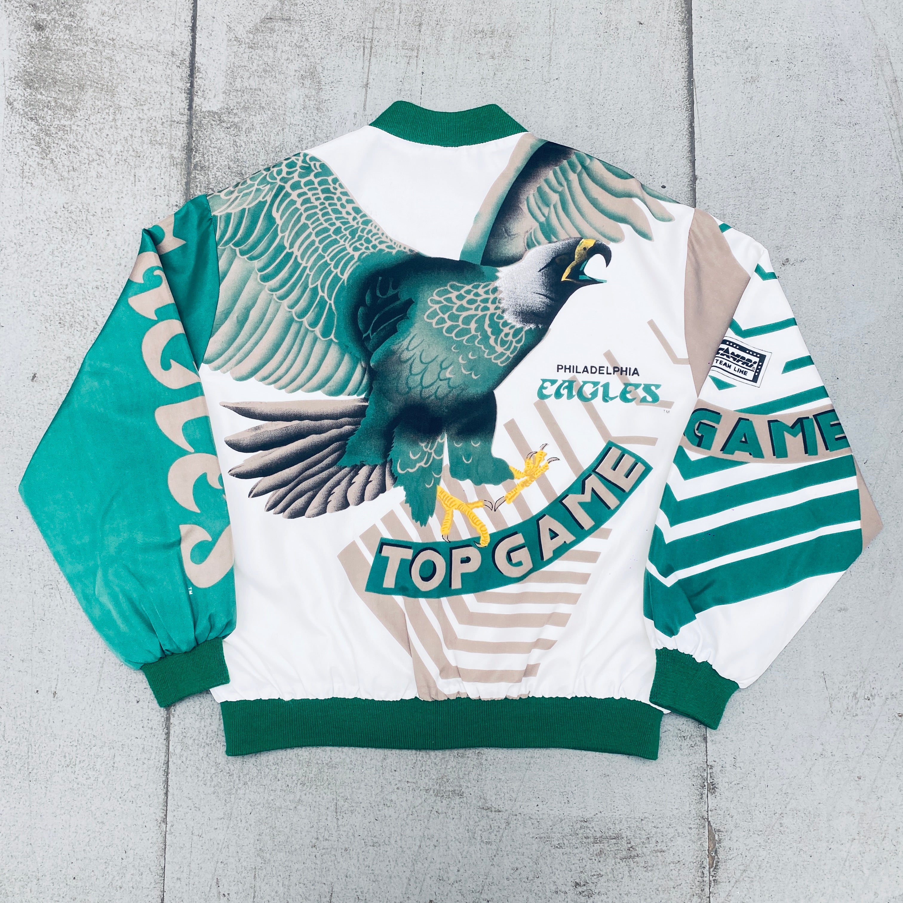 Philadelphia Eagles 1990s Vintage Campri Fanimation Bomber Jacket - XL Size | NFL Football Fan Apparel for Men, Game Day Outfits & Retro Sports Collectibles