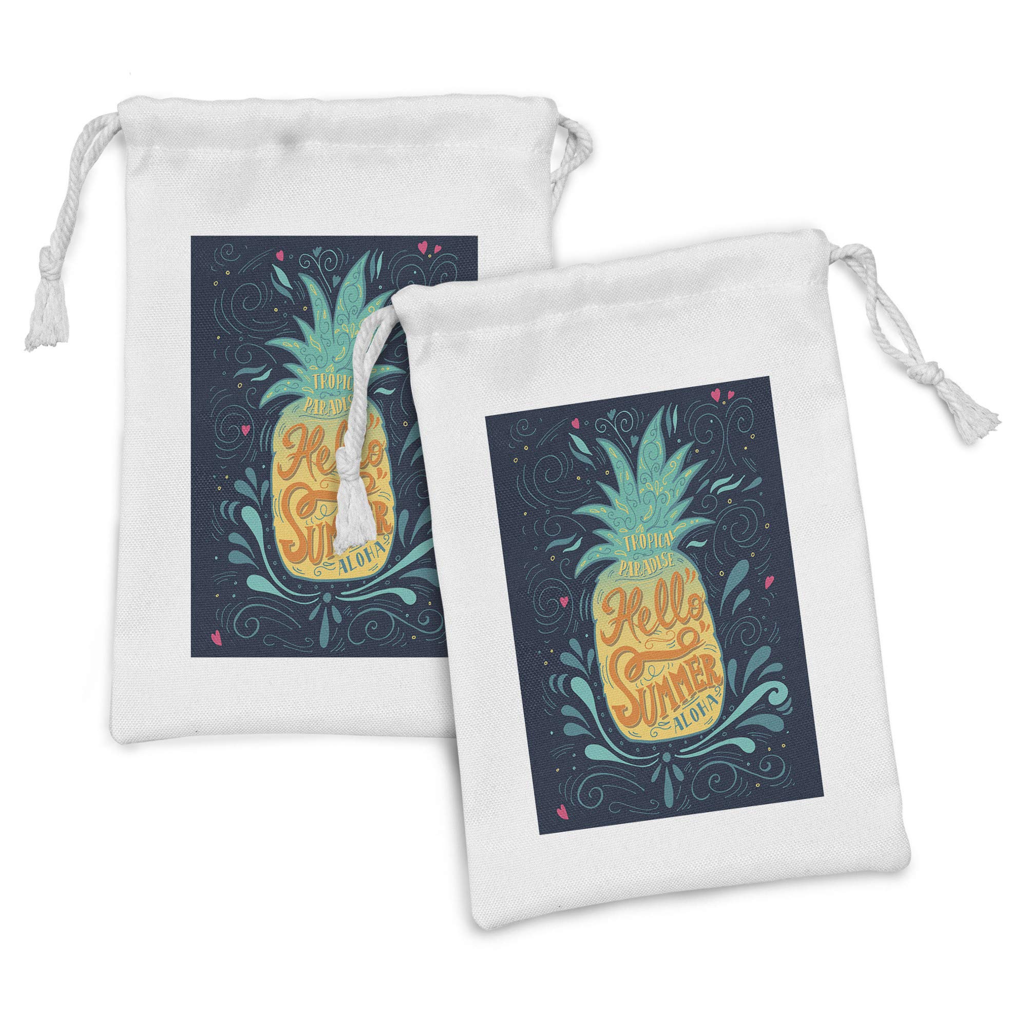 Ambesonne Tropical Fabric Pouch Set of 2 - Pineapple with Hearts Swirls & Teardrop Design, 9