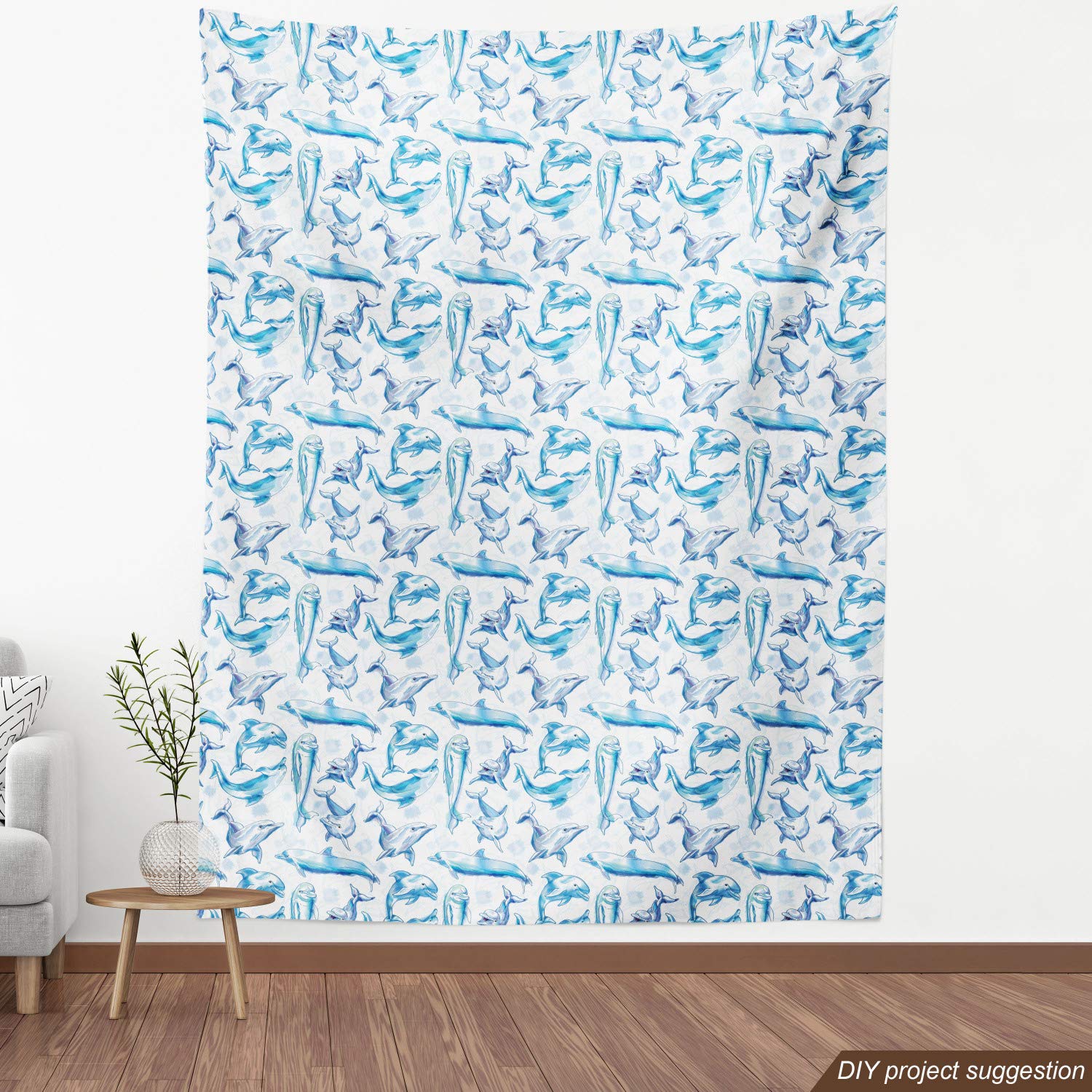 Ambesonne Sea Animals Fabric by The Yard - Sketch of Bottlenose Dolphins Playing in Ocean, Turquoise & White Decorative Upholstery Fabric for Sofa, Curtains, Pillows (10 Yards) - Perfect for Coastal Home Decor & Marine-Themed DIY Projects