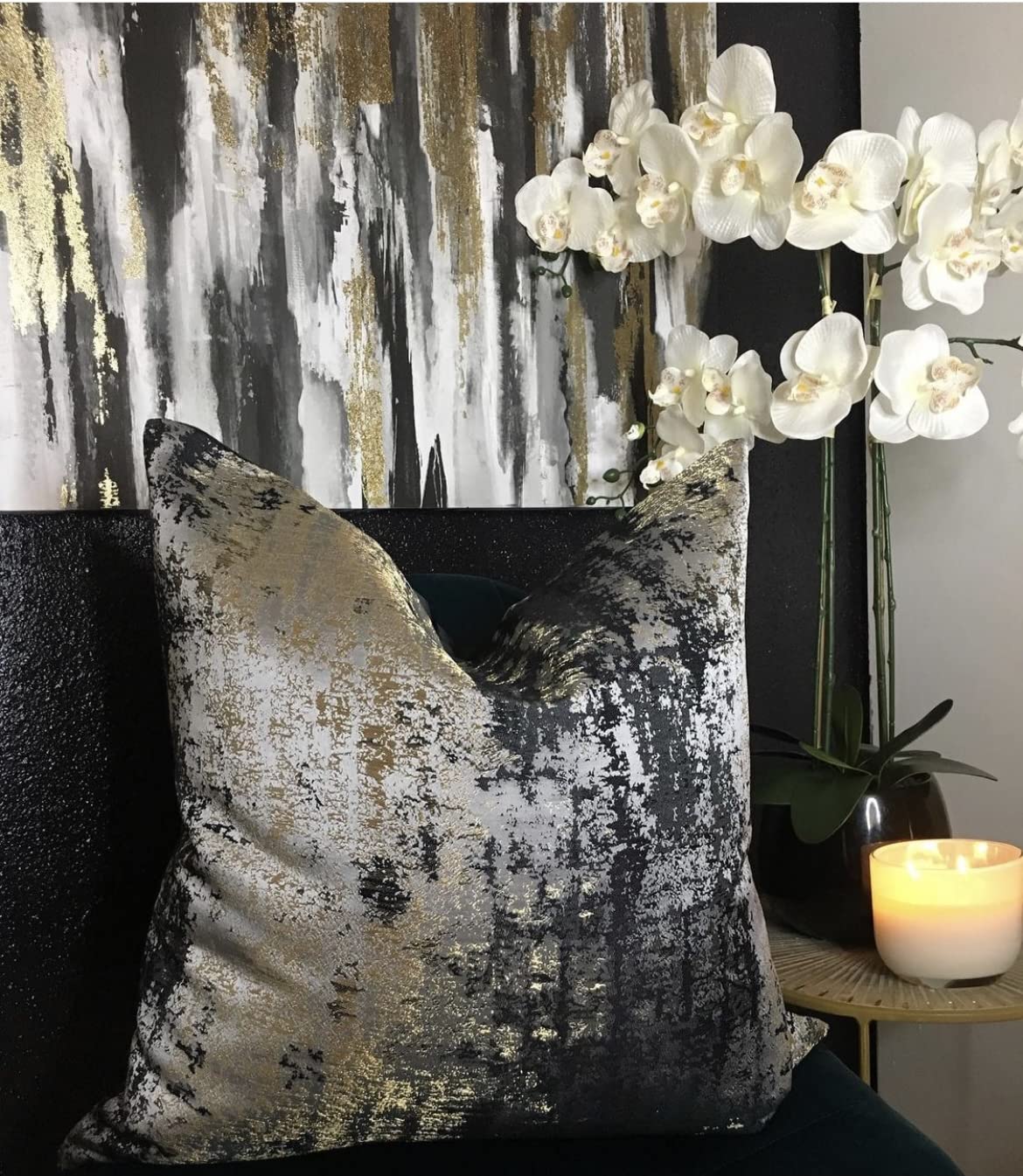 THE-TINOART Grey Decorative Throw Pillow Cover - Glitter Gold Splashed Black Jacquard Reversible Velvet Cushion Cover 22x22 Inches for Sofa, Bed, Living Room - Perfect for Grey Couches and Home Decor