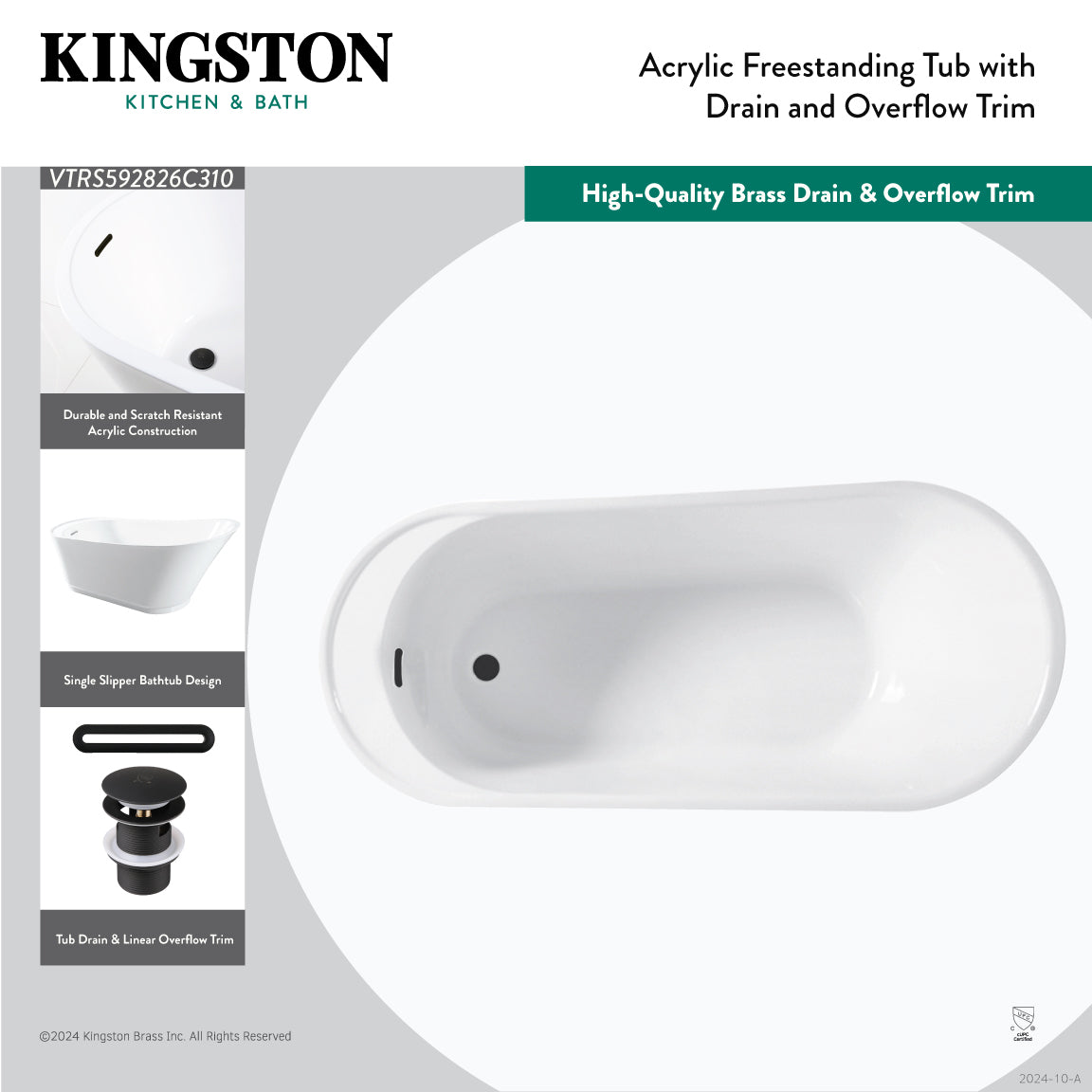 Aqua Eden 59 Inch Acrylic Oval Freestanding Bathtub - Glossy White/Matte Black Slipper Tub with Drain | Modern Bathroom Luxury for Spa-Like Relaxation at Home