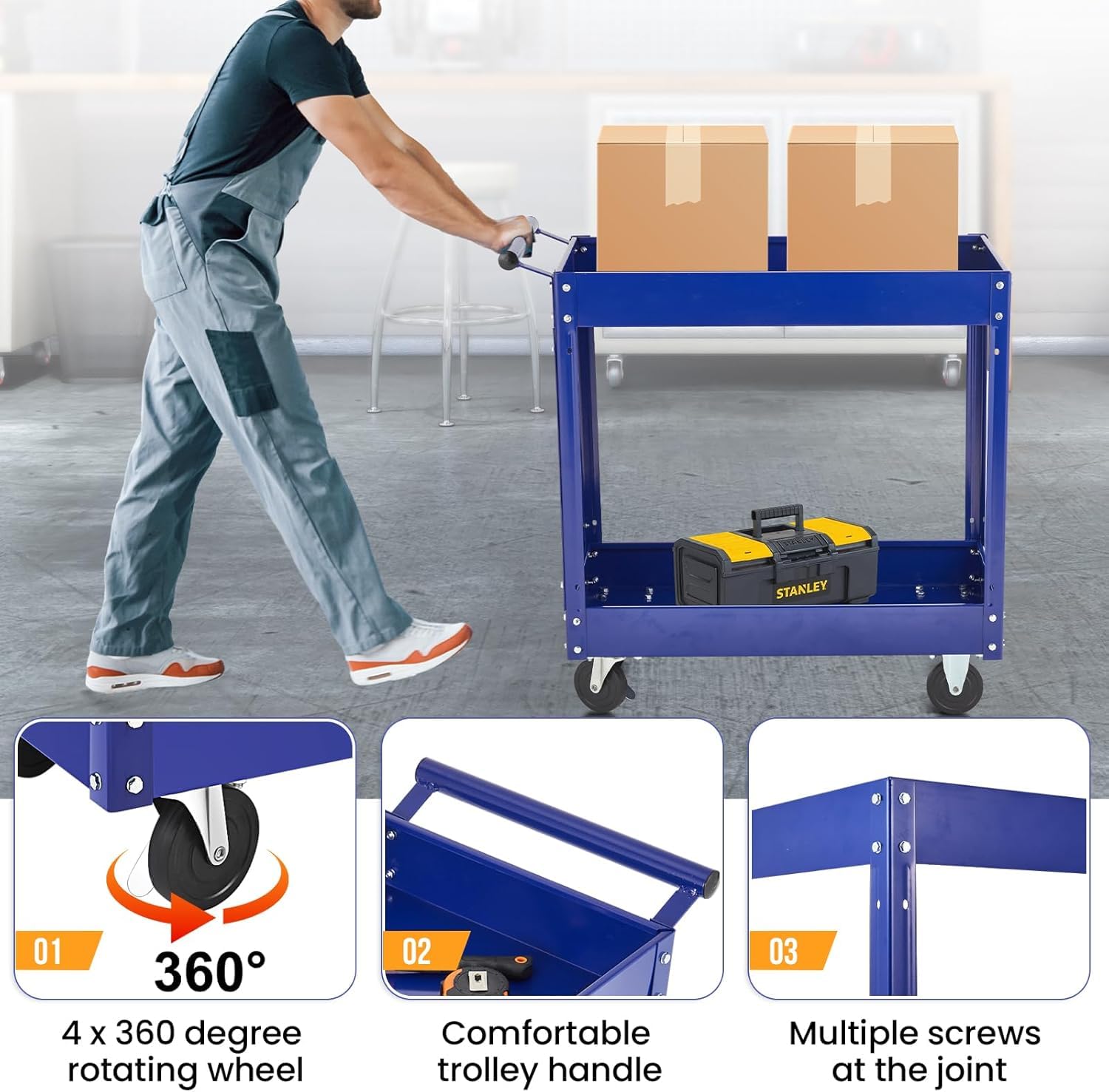 GARVEE 2-Tier Heavy Duty Metal Utility Cart with Wheels - 330 Lbs Capacity, Ergonomic Handle for Garage & Warehouse Organization - Perfect for Tool Storage, Workshop Equipment Transport, and Industrial Workspace Mobility