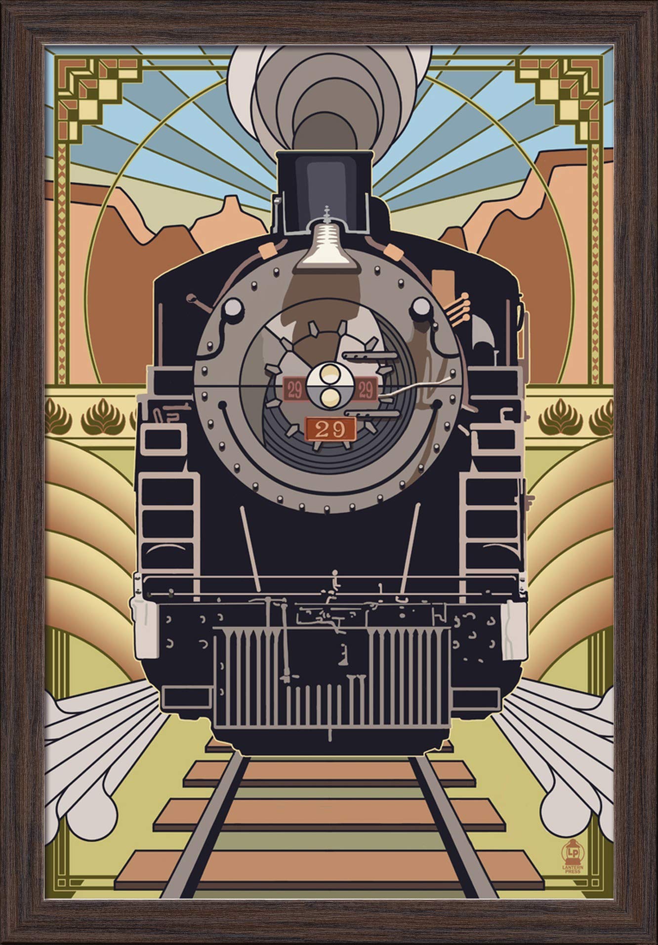 Vintage Deco Style Steam Locomotive Fine Art Print - 16x24 Giclee on Recycled Wood Frame in Espresso Brown - Perfect for Home Office, Living Room or Train Enthusiast's Collection