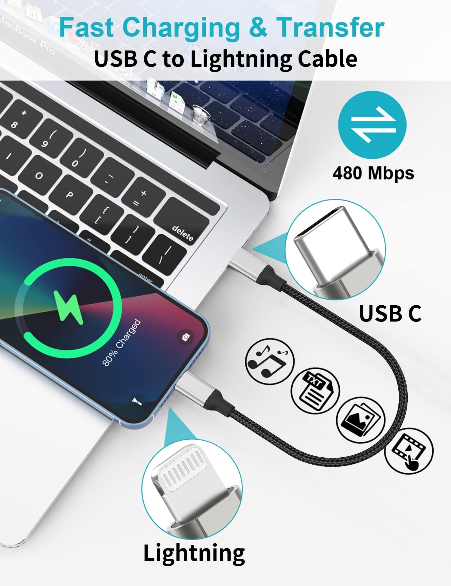 Acecene MFi Certified USB C to Lightning Cable [30cm/1ft, 2 Pack] - Fast Charging Type C Cable for iPhone 14/13/12/11 Pro Max/SE/X/8/7/6 Plus & iPad - Perfect for Travel, Car & Home Charging