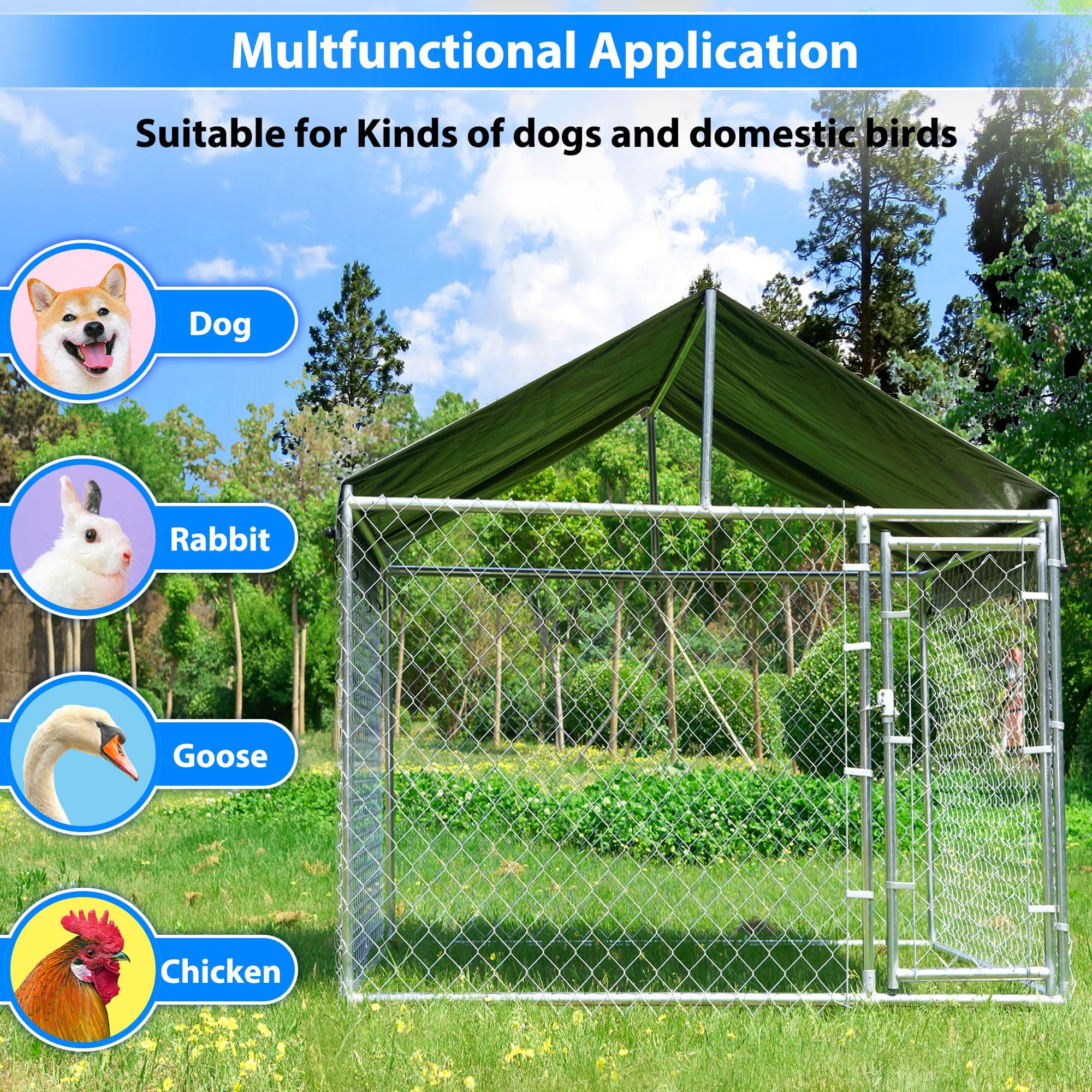 Heavy Duty Large Outdoor Dog Kennel with Cover & Secure Lock - 6.8'L x 6.8'W x 5.6'H Chain Link Dog Crate with Waterproof UV-Resistant Roof - Perfect for Backyard, Farm, or Pet Containment (Great for German Shepherds, Labs & Large Breeds)