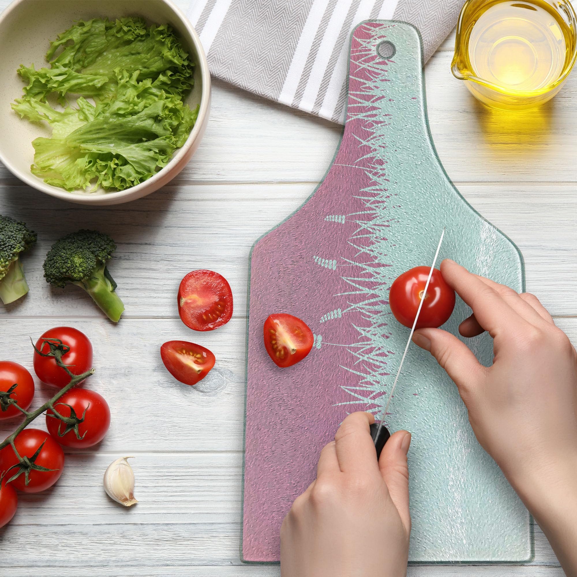 Ambesonne Pink Tempered Glass Cutting Board - Farm Life Inspired Art Print with Bushes & Wheat - Decorative Serving Board in Wine Bottle Shape (Hot Pink & White) - Perfect for Kitchen Prep, Charcuterie Displays & Wine Pairings