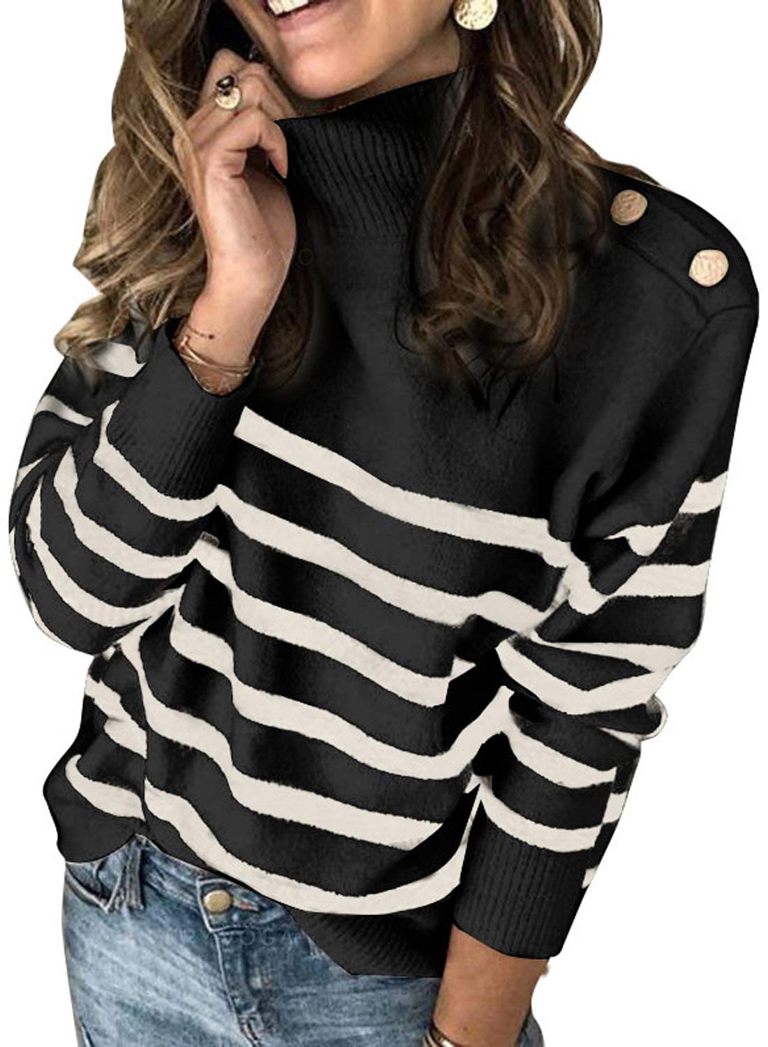 ASVIVID Women's Striped Turtleneck Button-Up Knit Sweater - Lightweight Long Sleeve Pullover Top for Fall & Winter | Office Wear, Casual Outfits, Date Night Fashion