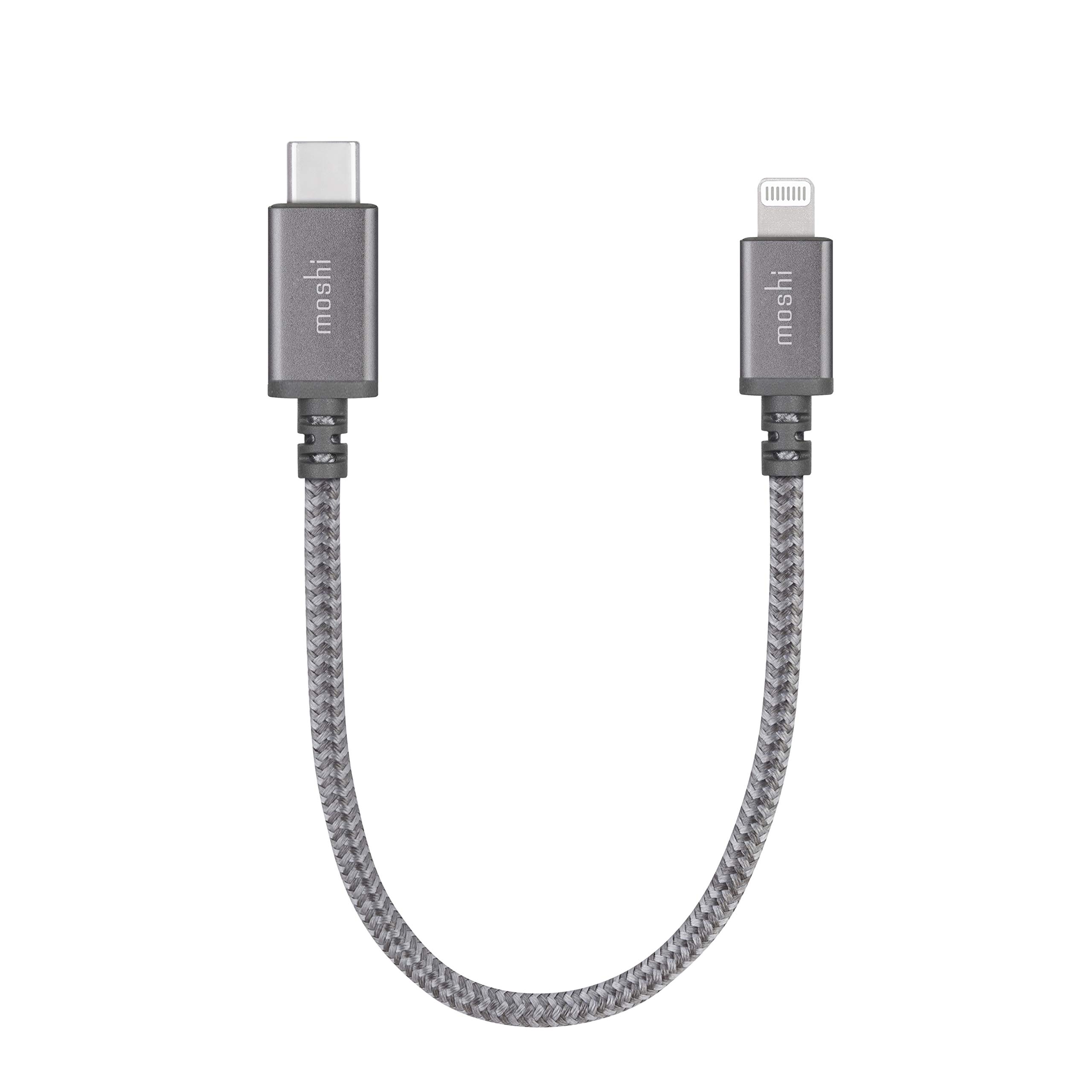 Moshi Integra USB C to Lightning Cable 0.8ft/0.25m - MFi Certified Fast Charging 30W PD Cable with Durable Nylon Braiding for iPhone 14/13/12/11/Pro/Max, iPad - Perfect for Home, Office & Travel Charging - Titanium Gray