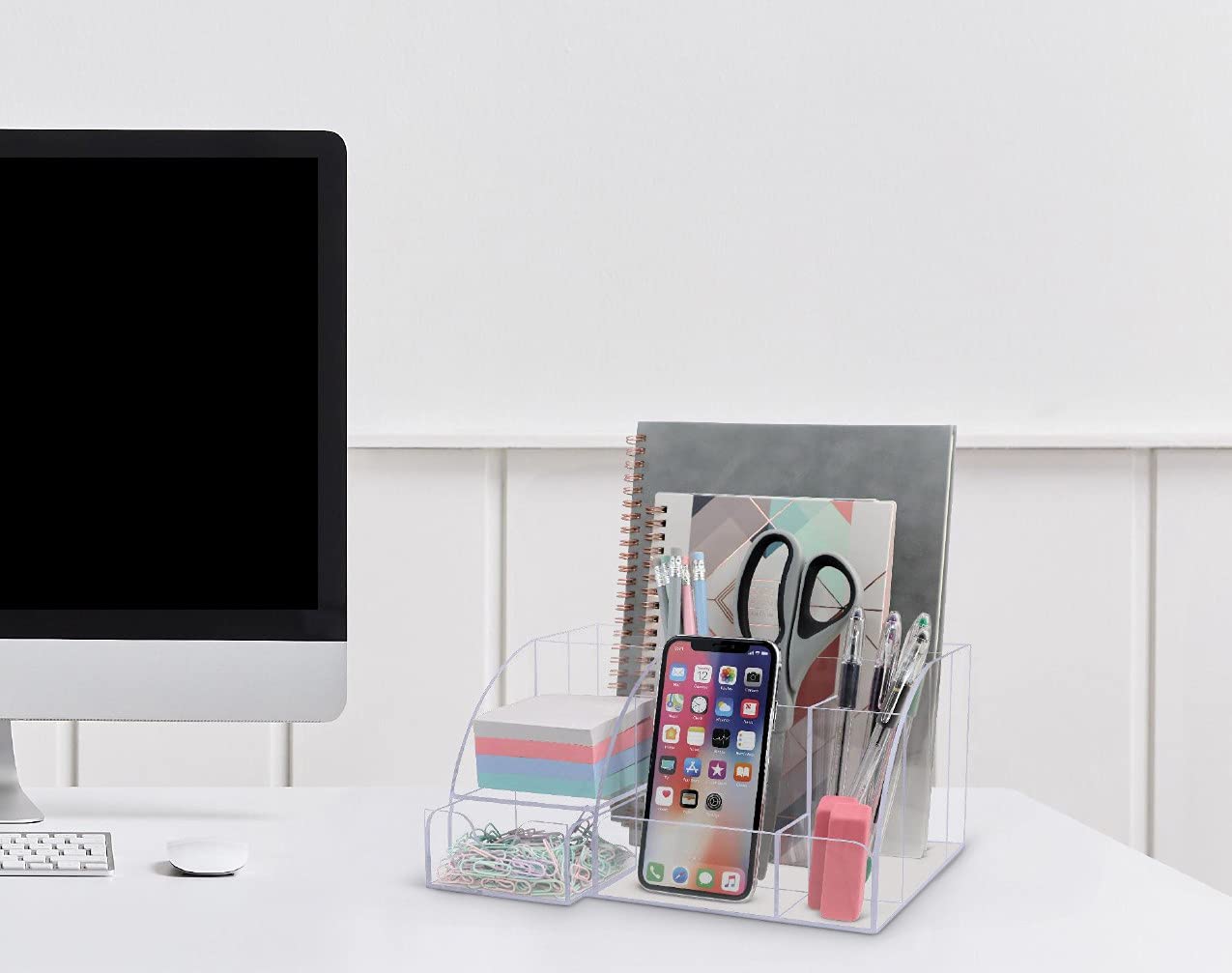 Clear Acrylic Desk Organizer with 9 Compartments - Office Supplies & Stationery Storage - Modern Home & Office Desktop Organizer for Pens, Paper Clips, Sticky Notes - Perfect for Work Desks, Study Tables & Home Office Decor