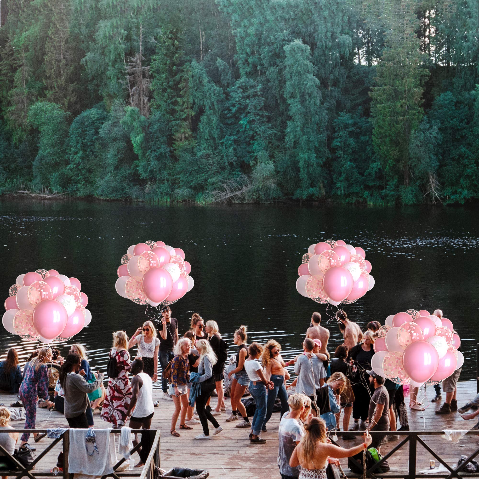 Dandy Decor 60 Pack Pink Latex Balloons with Pink Confetti & White Ribbon - Bulk Party Decorations for Birthdays, Weddings & Baby Showers