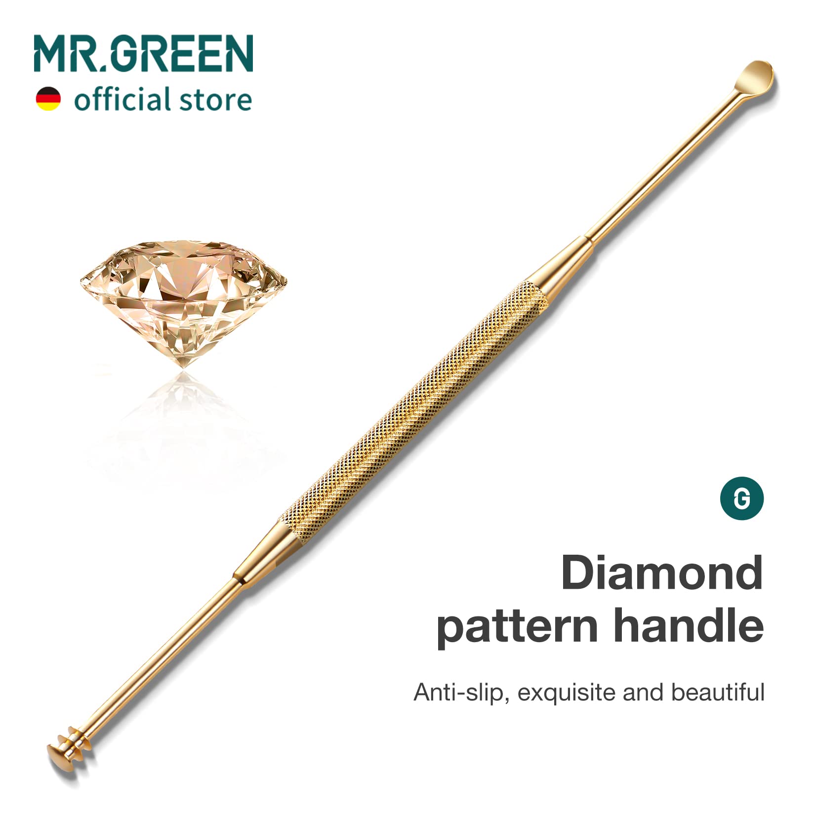 MR.GREEN Ear Wax Removal Tool - Double End 360° Rotating Ear Cleaner with 3 Ring Stainless Steel Ear Pick for Safe Earwax Removal - Perfect for Home, Travel & Personal Ear Care (Golden)