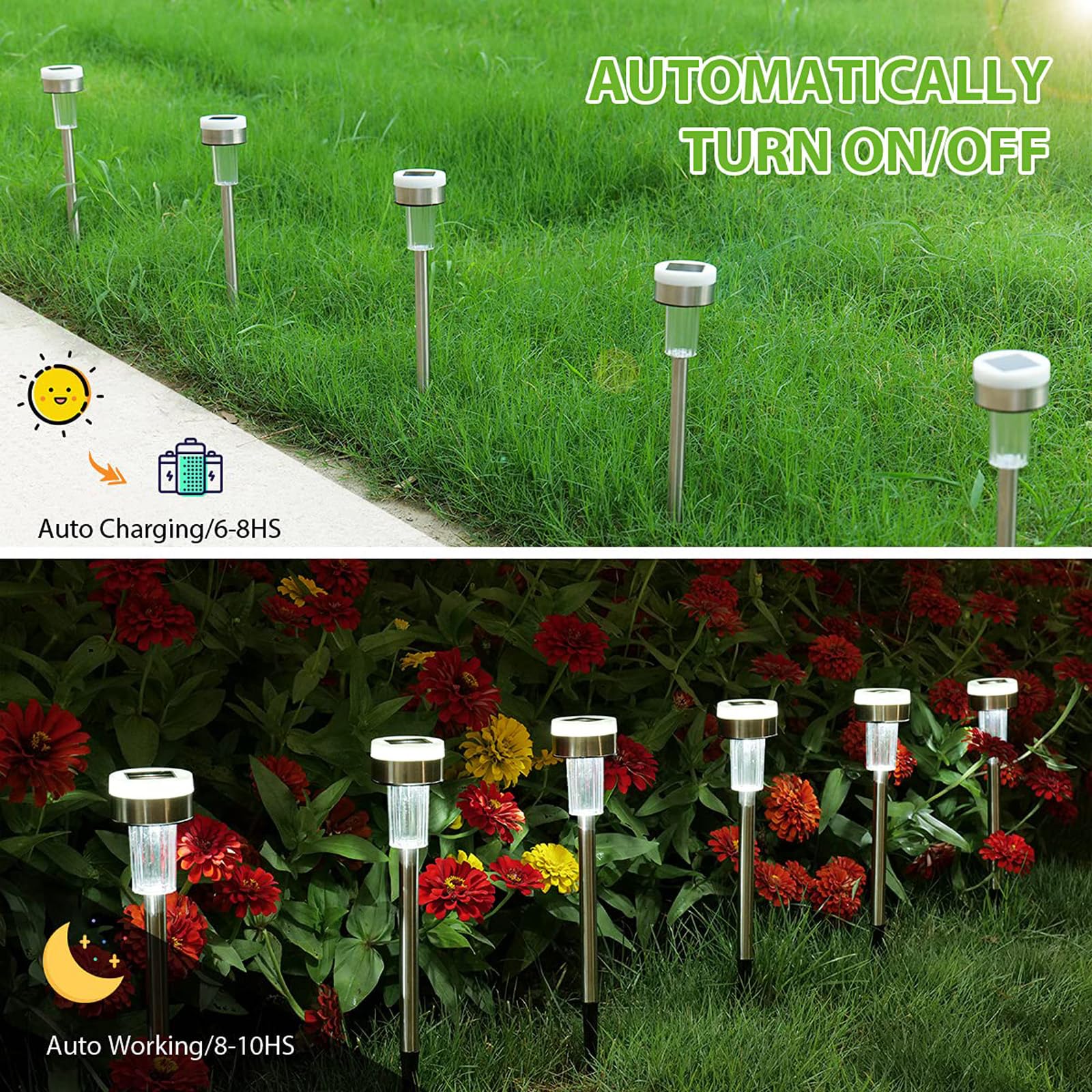 16 Pack Solar Pathway Lights Outdoor - Dual Light Source LED Solar Waterproof Garden Lights for Patio, Walkway & Yard Decoration (Cool White) | Energy-Efficient Landscape Lighting for Driveways, Flower Beds & Outdoor Pathways