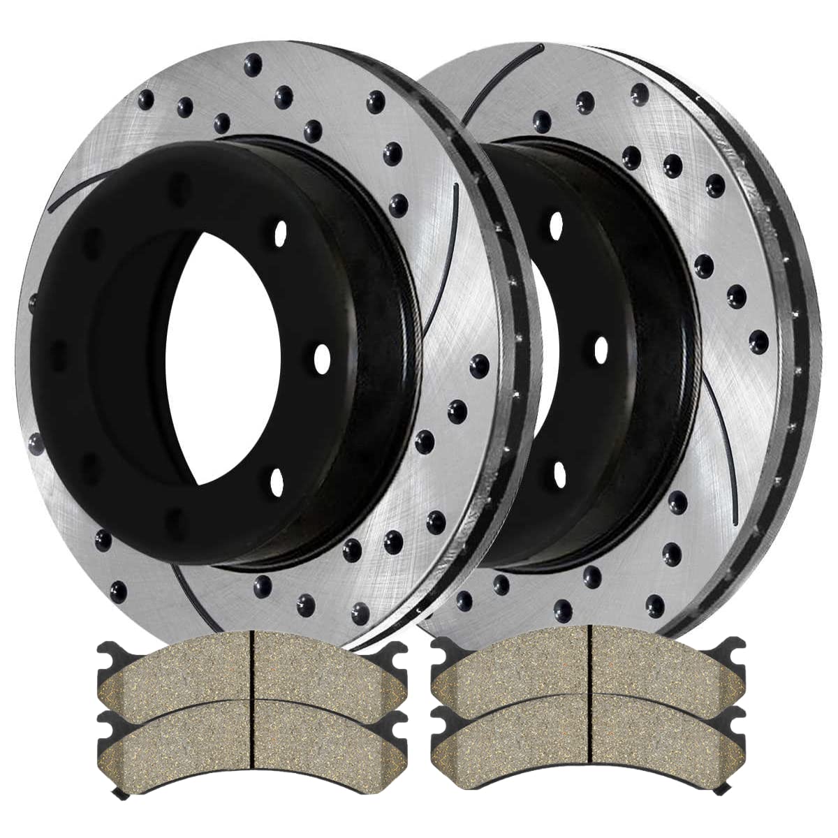 AutoShack Black Hat Drilled & Slotted Brake Rotors with Calipers - Front Brake Rotor Replacement Kit for Chevrolet Express 2500/Suburban 2500/Silverado 1500 Classic & GMC Savana 2500 V8 RWD (PERF65058784) - Improve Stopping Power & Reduce Brake Fade for Towing & Heavy-Duty Driving