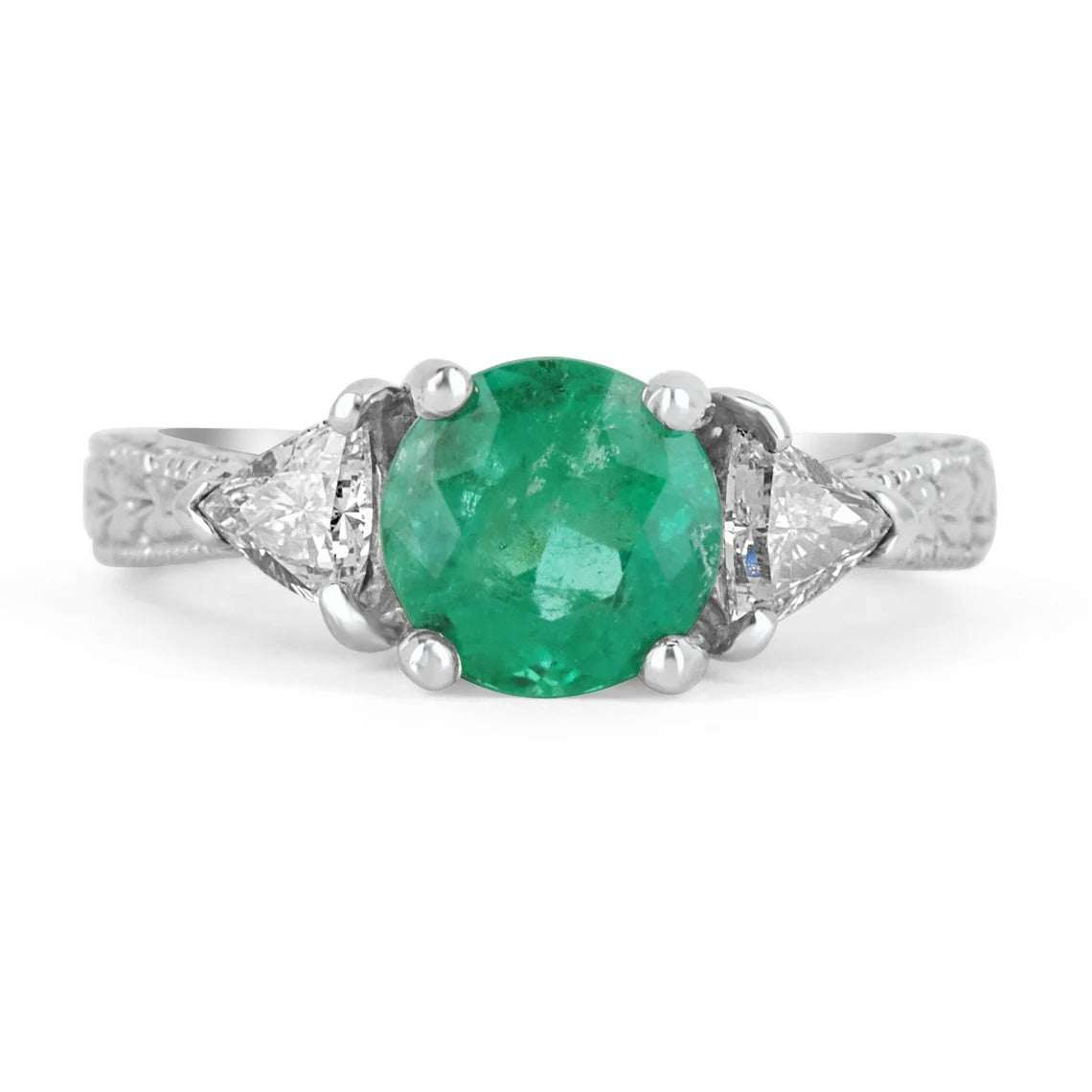 2.0tcw Round Emerald & Trillion Diamond Engagement Ring in 14K White Gold - Perfect for Proposals, Anniversaries & Special Occasions