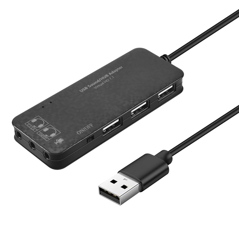 iFutniew 3-Port USB 2.0 Hub with 7.1 Channel External Sound Card - Headset & Microphone Adapter for PC (Black) - Perfect for Gaming, Streaming & Conference Calls