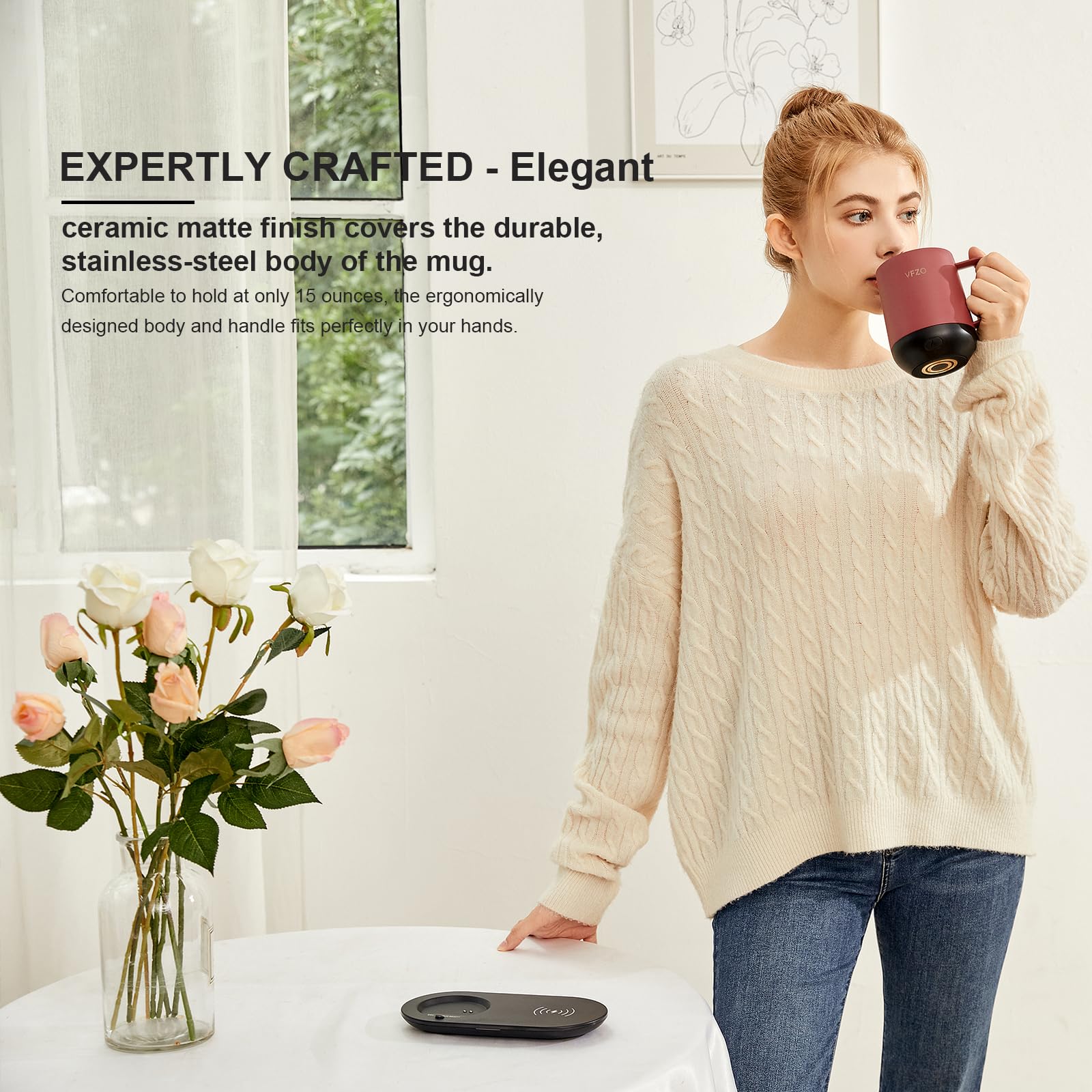 Smart Self-Heating Coffee Mug with Temperature Control & LED Display - 180 Min Battery Life, Fast Wireless Charging (149℉ Max) - Perfect for Office, Travel & Home Use - 12oz Dusty Rose Color