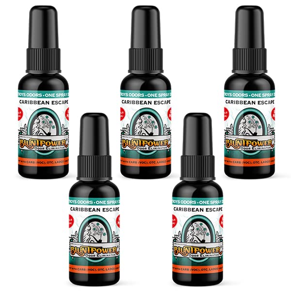 BluntPower Caribbean Escape 5-Pack Concentrated Odor Eliminator & Diffuser Oil - Premium Oil-Based Air Freshener for Home, Car, Office - Eliminates Smoke, Pet & Cooking Odors - Long-Lasting Room Deodorizer Spray