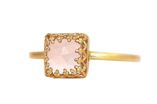 Rose Quartz Ring for Women - 14K Gold Plated Square Gemstone Ring, Love & Healing Crystal Jewelry, Stackable Pink Stone Ring for Gifts, Wedding, Valentine's Day, Everyday Wear
