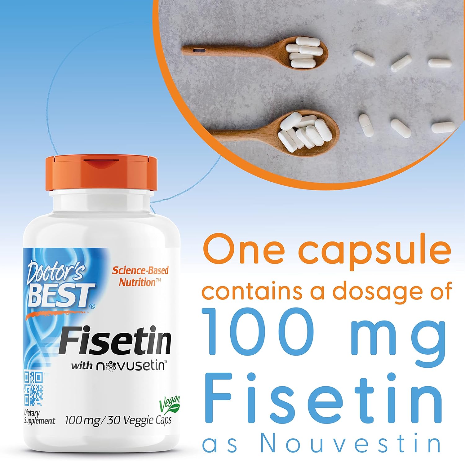 Doctor's Best Fisetin with Novusetin Supplement - 100mg per Serving, 30 Vegan Capsules - Supports Cellular Health & Longevity - Perfect for Anti-Aging & Wellness Routines