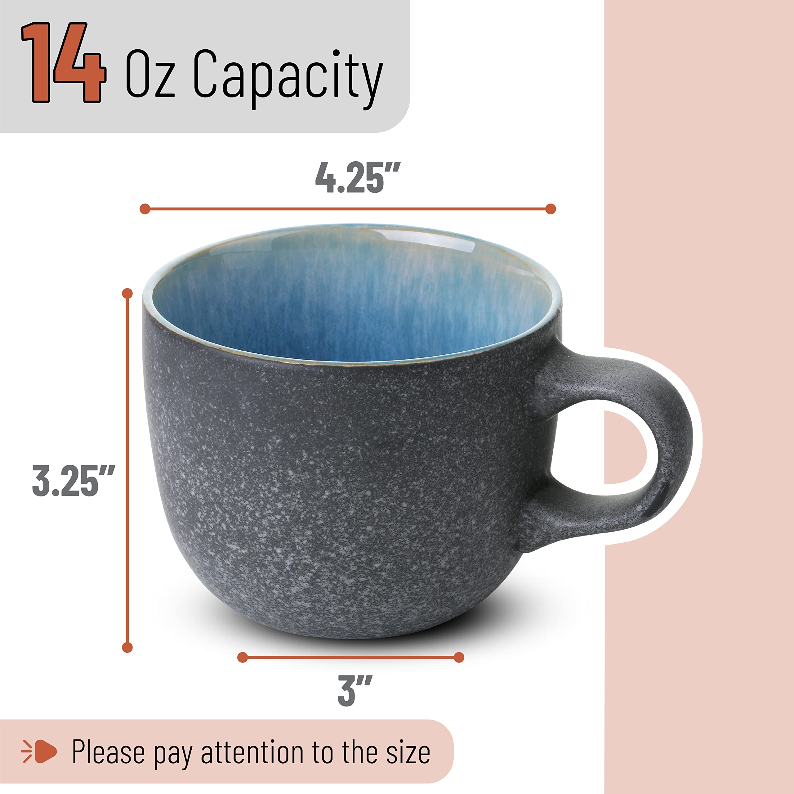 BTaT 14oz Ceramic Coffee Mug Set of 6 - Durable Coffee Cups for Home, Office & Restaurant Use - Perfect for Hot/Cold Beverages, Tea & Espresso