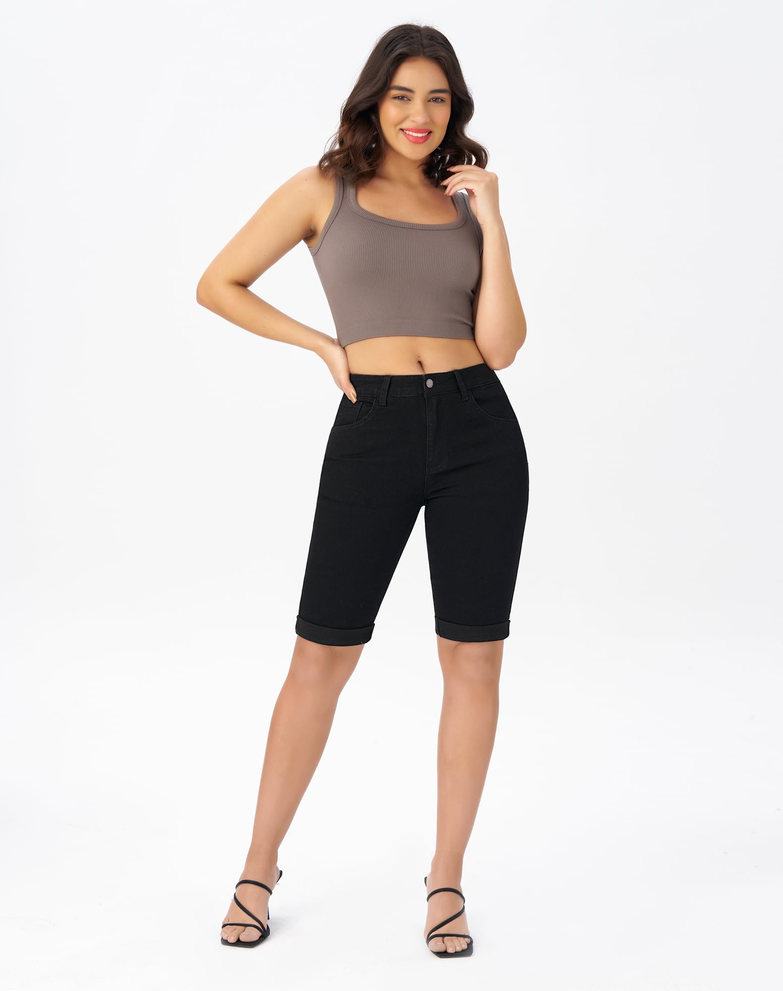 Roswear Women's Mid Rise Roll Cuff Bermuda Stretch Denim Jean Shorts - Comfortable Casual Summer Shorts for Beach, Travel & Everyday Wear | Perfect for Vacation, Outings and Warm Weather Fashion | Ideal for Beach Days, Weekend Getaways & Summer Street Style