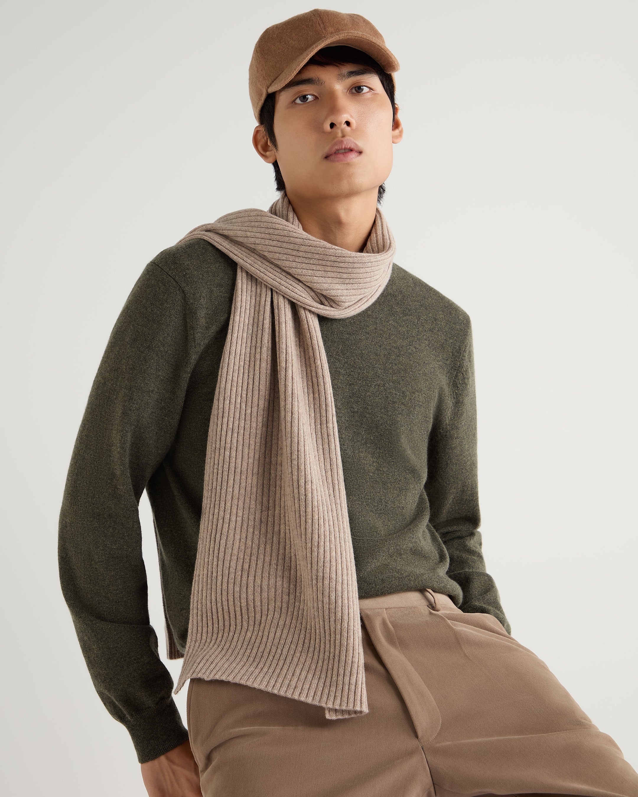 Unisex Short Ribbed Cashmere Scarf - Soft Oatmeal Brown Winter Wrap for Men & Women - Perfect for Cold Weather, Office & Outdoor Activities
