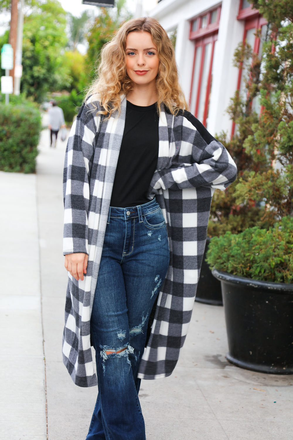 Black Buffalo Plaid Hacci Cardigan for Women - Soft & Cozy Oversized Sweater | Perfect for Fall & Winter Outfits, Casual Wear, and Layering