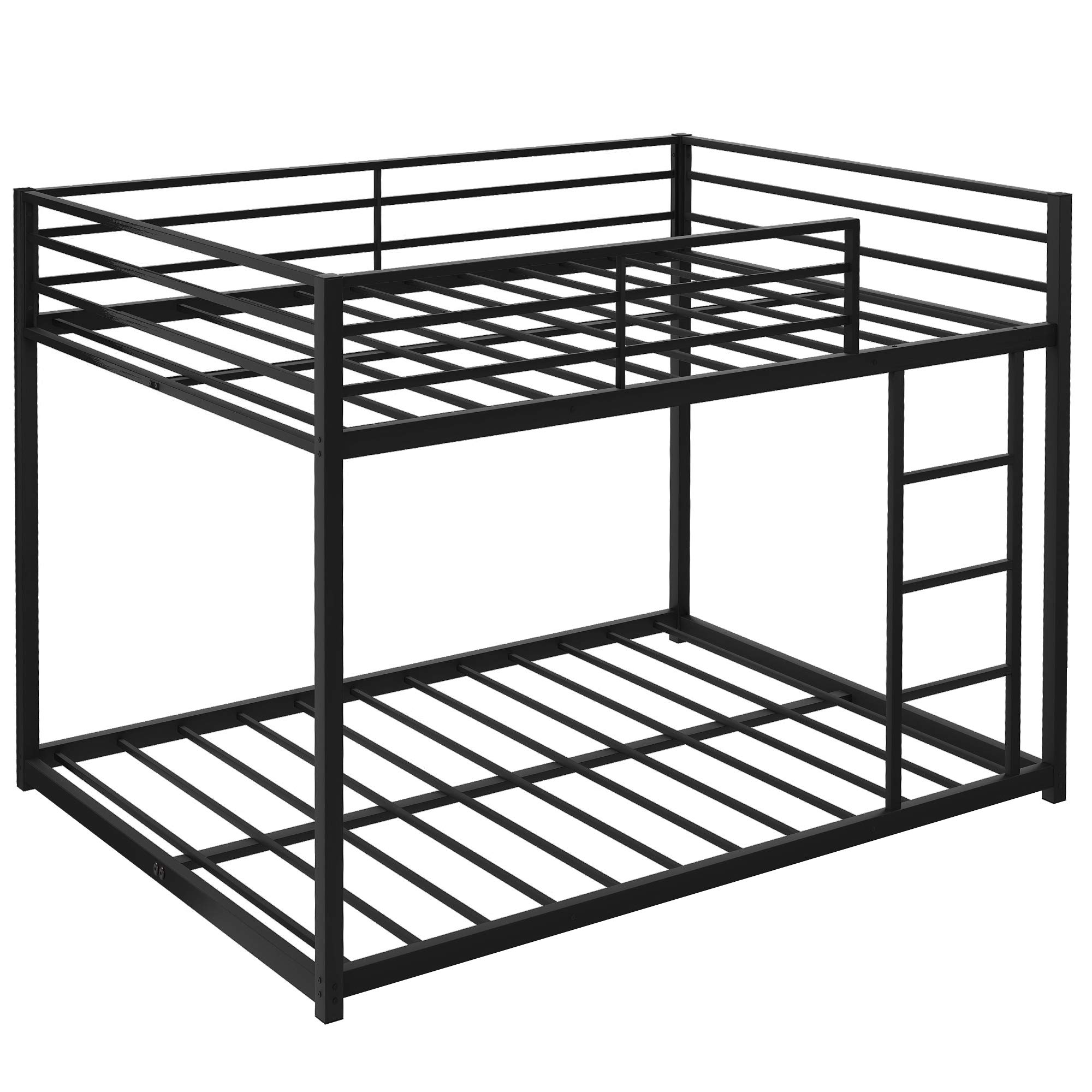 Rhomtree Full Over Full Low Bunk Bed with Ladder - Heavy Duty Metal Bunk Bed Frame with Safety Guard Rails for Kids, Teens & Adults - Space Saving Design for Small Rooms, Dorms & Guest Rooms (Black)