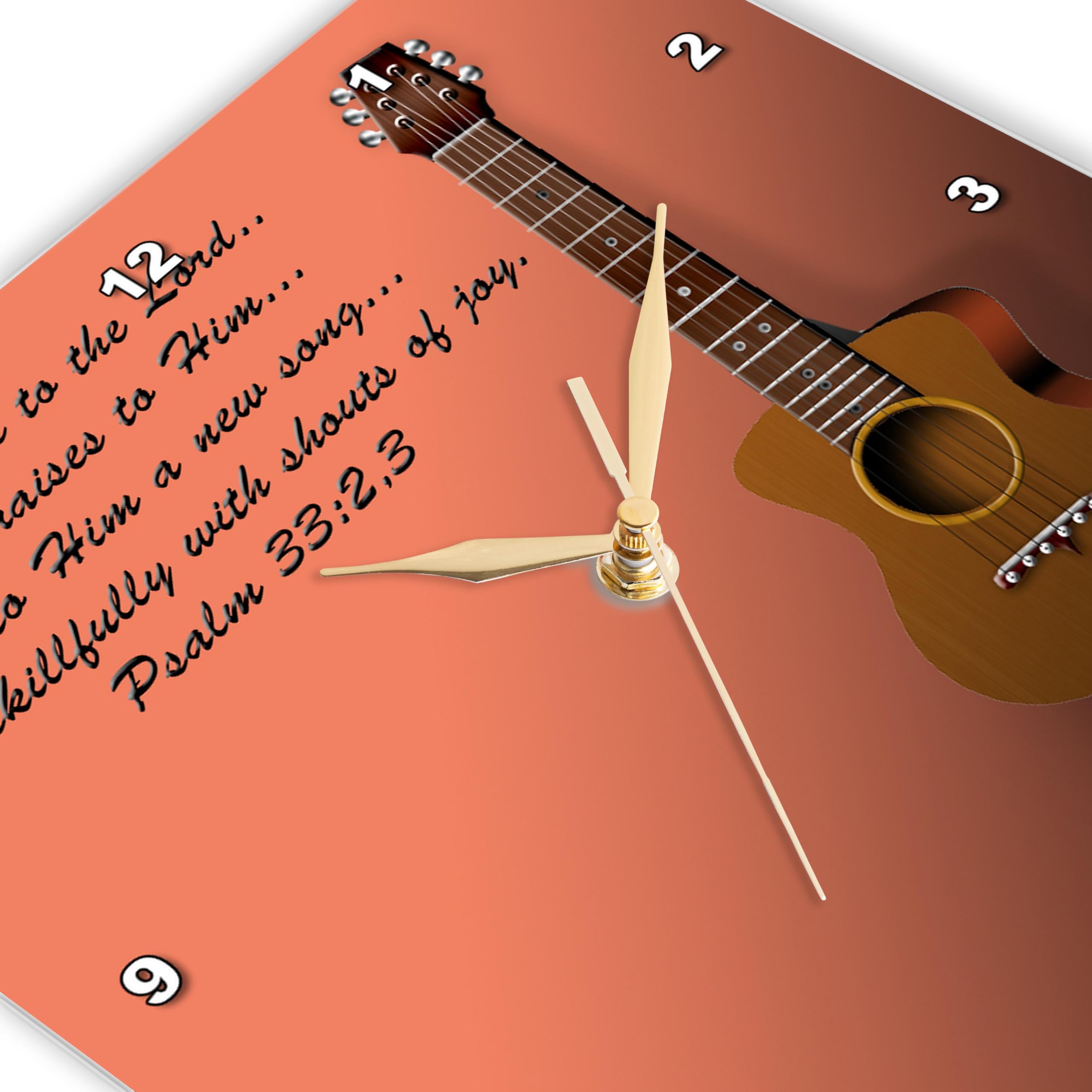 15 Inch Silent Wall Clock with Classic Guitar & Bible Verse Design - 'Sing to The Lord a New Song' - Perfect for Home, Office & Church Decor