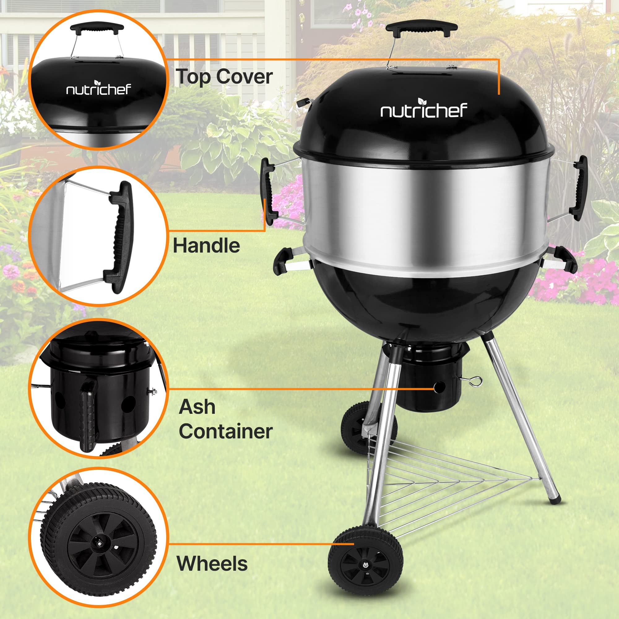 NutriChef Portable Outdoor Charcoal BBQ Grill - Compact Barbecue Smoker with Cover for Backyard, Camping, Picnics & Tailgating | Perfect for Grilling Burgers, Steaks & Vegetables at Home or On-The-Go