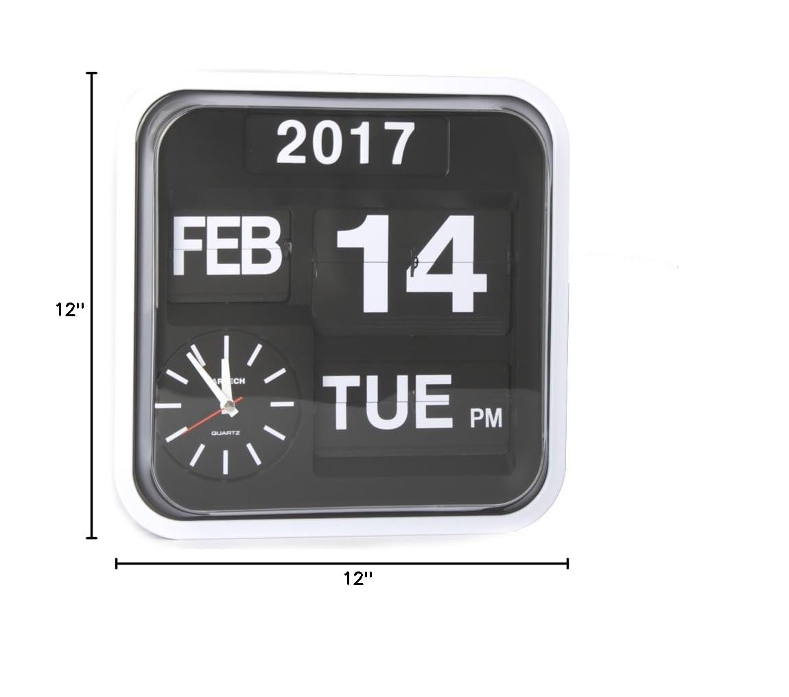 Fartech Retro Modern 12-Inch Auto Flip Calendar Clock - Wall & Desk Digital Clock with Date Display (White) | Perfect for Office, Home Decor, and Gift Ideas