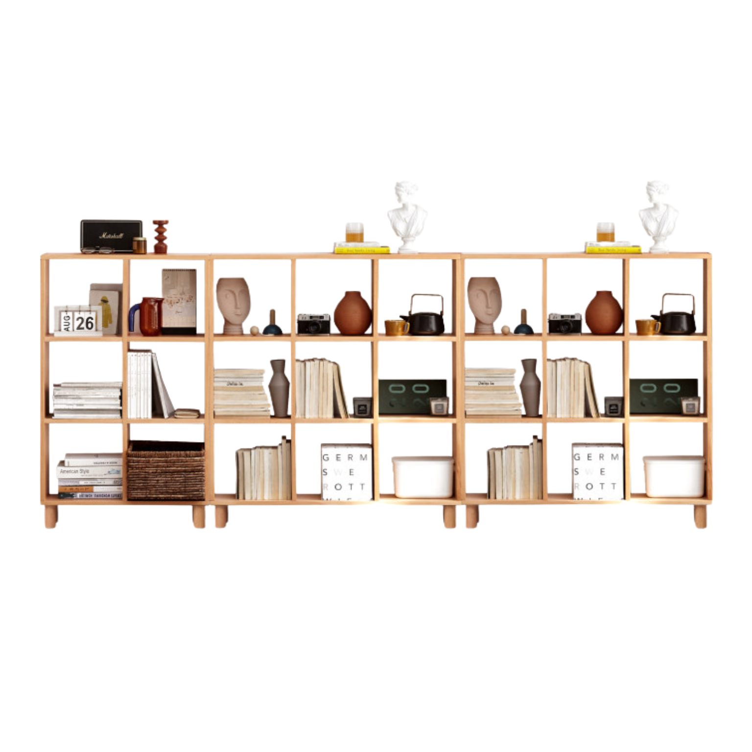 109.5x9.1x44.9 inch / 278x23x114 сm / Natural Wood Color / Beech Bookshelf 3 pcs