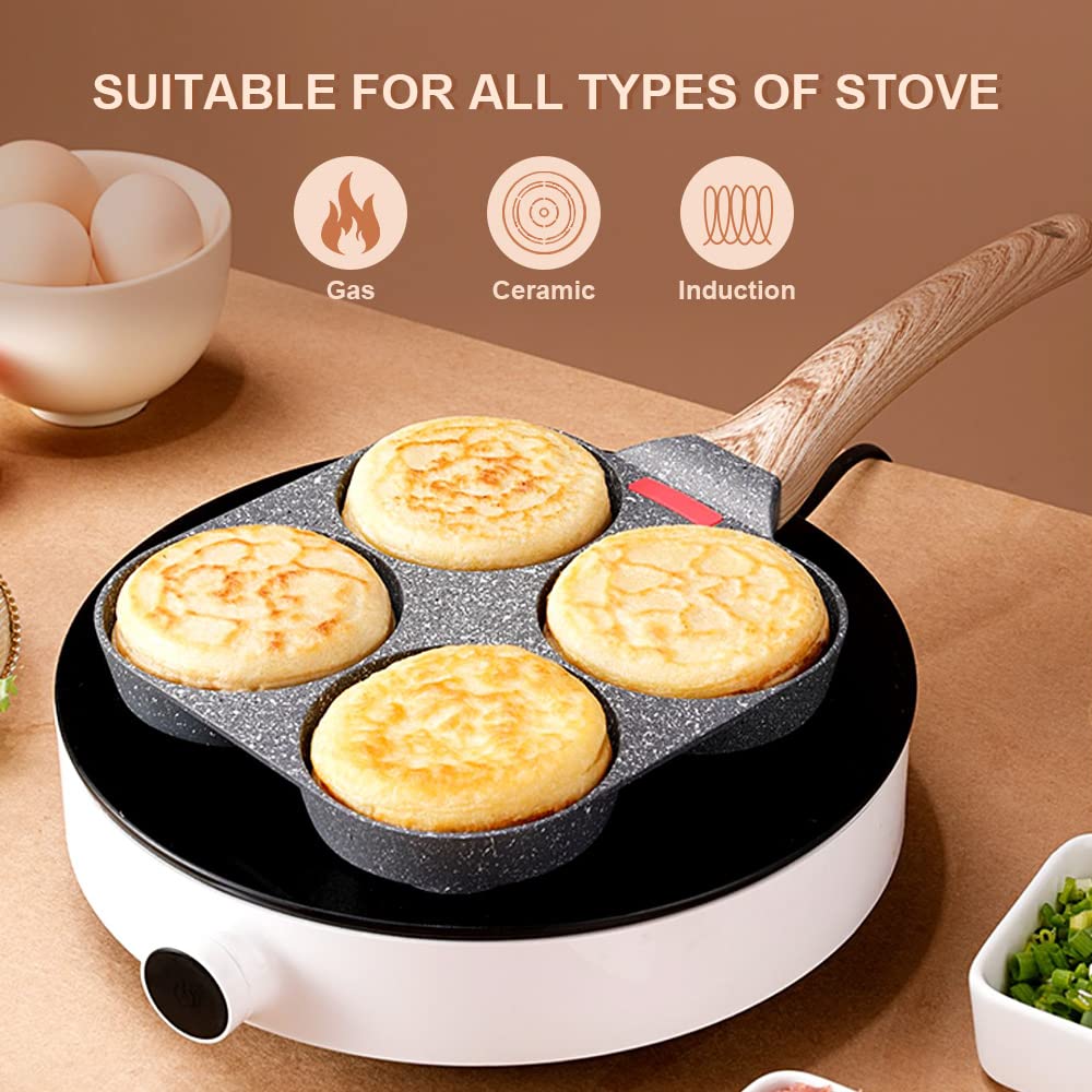Nonstick 4-Cup Egg Frying Pan - Aluminum Alloy Breakfast Pancake Maker for Perfect Fried Eggs - Compatible with Gas & Induction Stoves (Black) - Ideal for Home Cooking, Camping & RV Trips