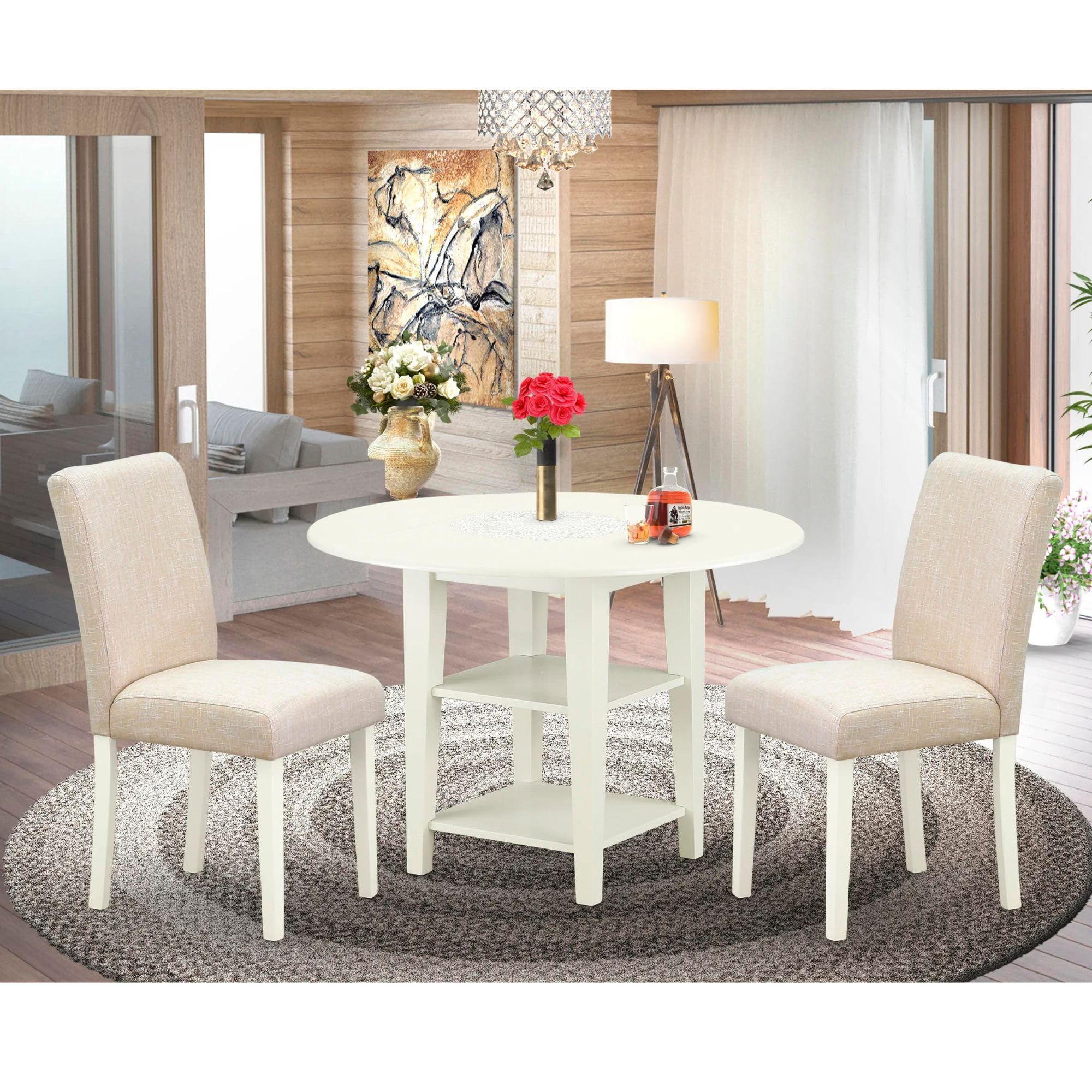 East West Furniture 3 Piece Dining Table Set with Round Drop Leaf Table & 2 Light Beige Fabric Chairs - 42 Inch White Linen Kitchen Set for Small Spaces, Breakfast Nook, Apartment Dining